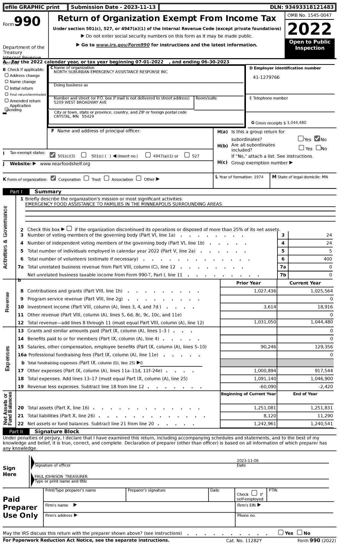 Image of first page of 2022 Form 990 for North Suburban Emergency Assistance Response