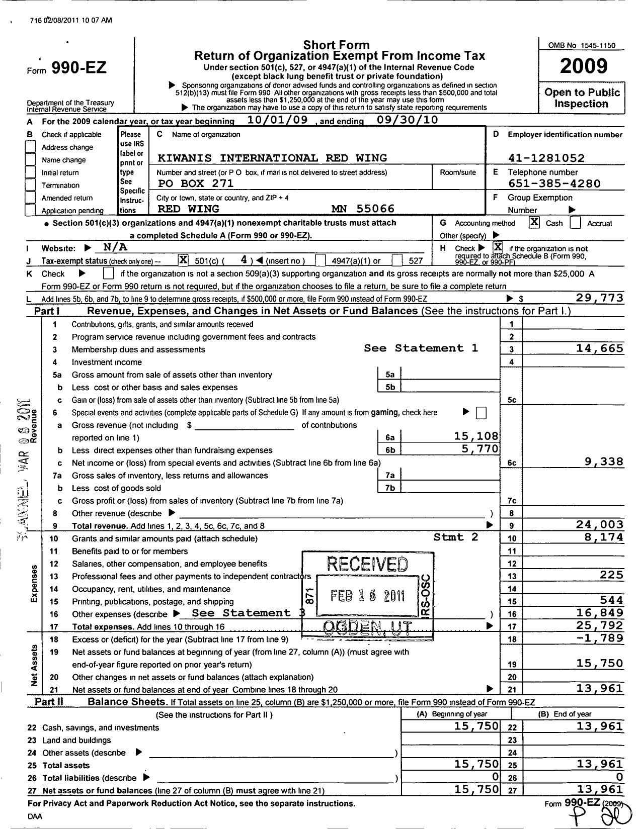 Image of first page of 2009 Form 990EO for Kiwanis International - K00307 Red Wing