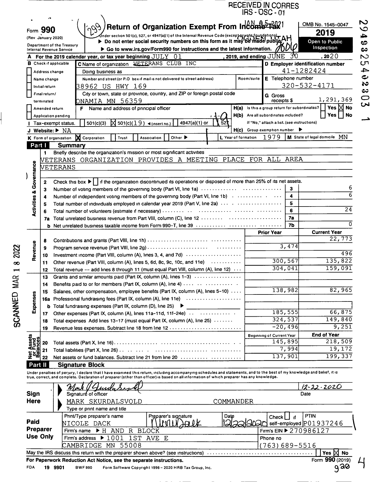 Image of first page of 2019 Form 990O for Veterans Club