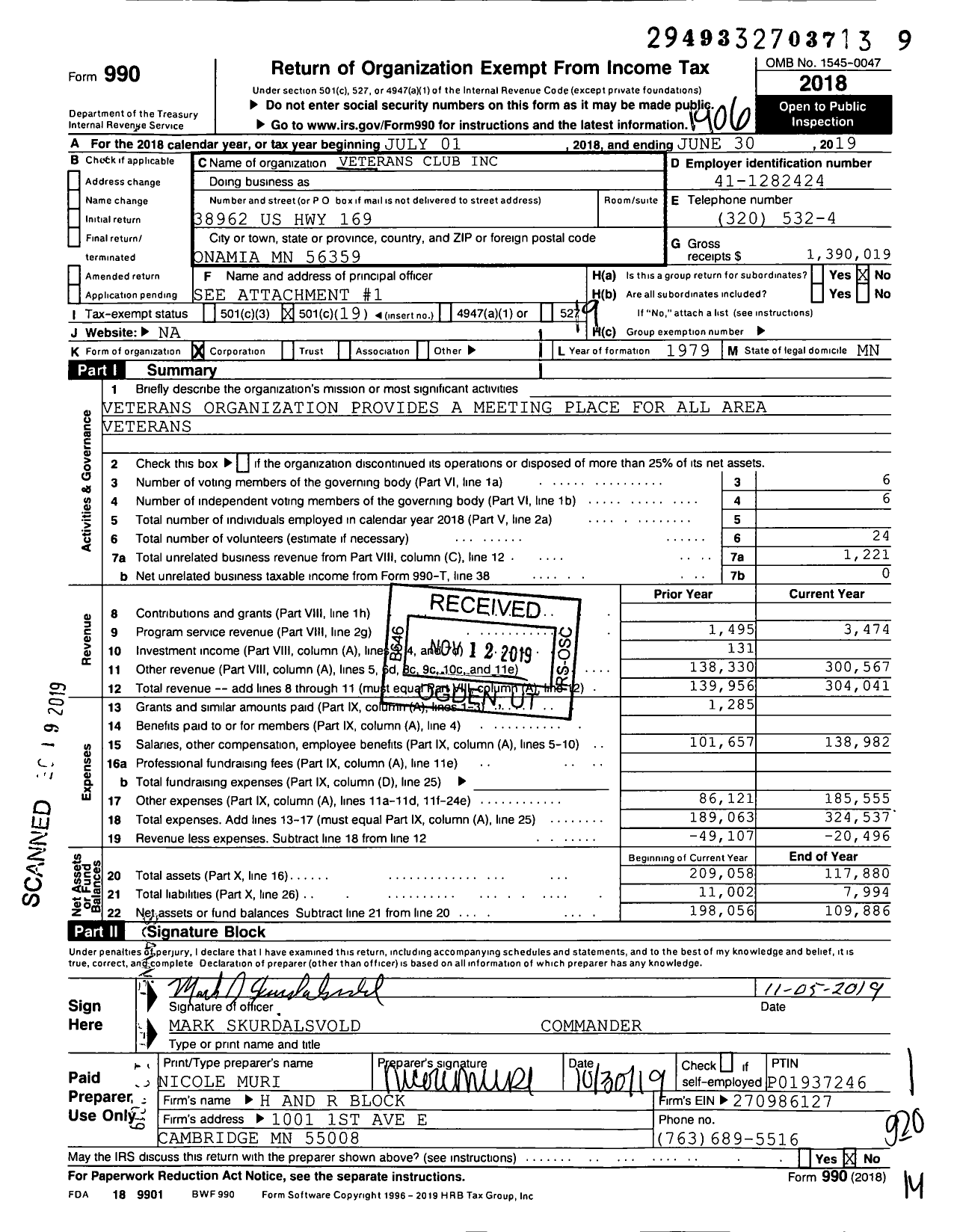 Image of first page of 2018 Form 990O for Veterans Club