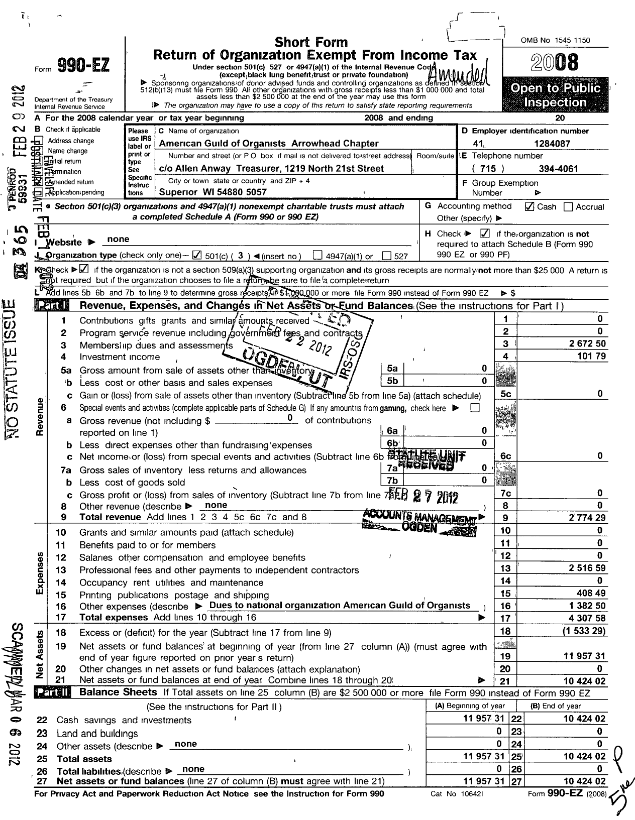 Image of first page of 2008 Form 990EZ for American Guild of Organists Ago - 624 Arrowhead Chapter