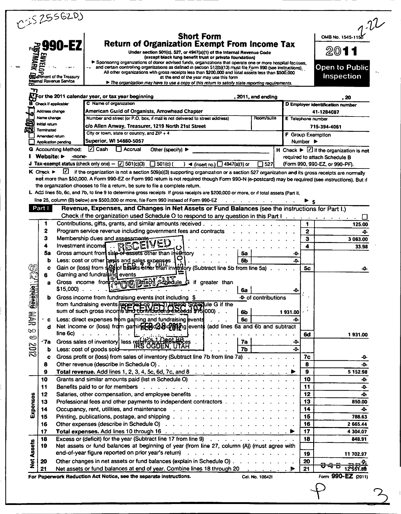 Image of first page of 2011 Form 990EZ for American Guild of Organists Ago - 624 Arrowhead Chapter