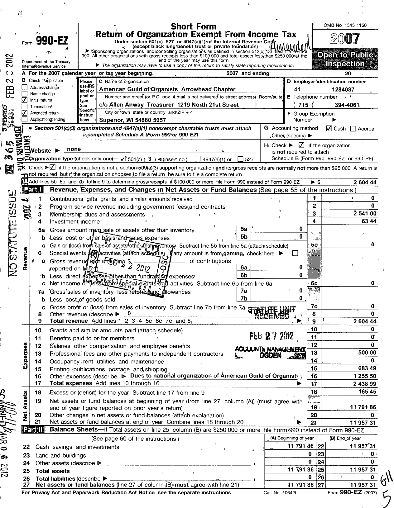 Image of first page of 2007 Form 990EZ for American Guild of Organists Ago - 624 Arrowhead Chapter