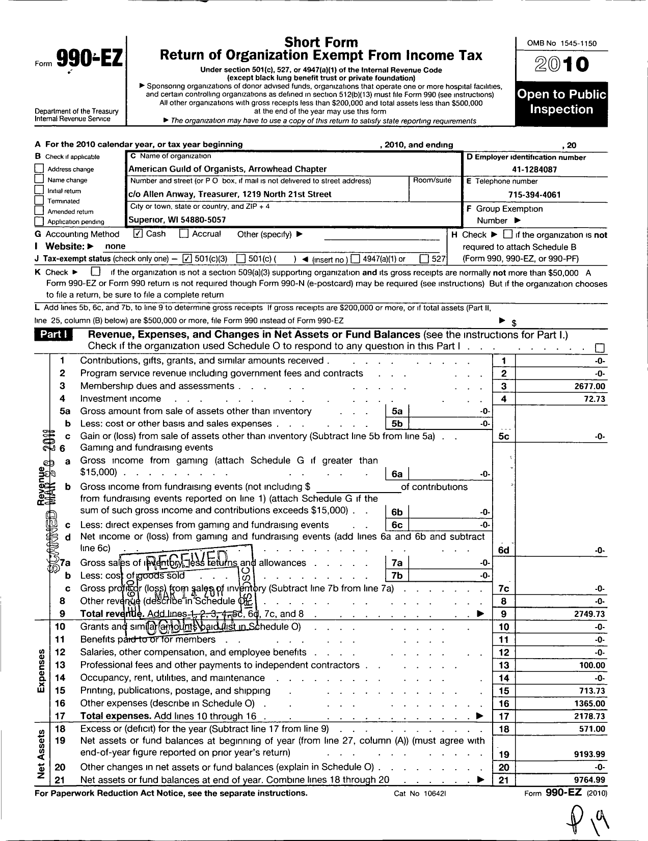 Image of first page of 2010 Form 990EZ for American Guild of Organists Ago - 624 Arrowhead Chapter