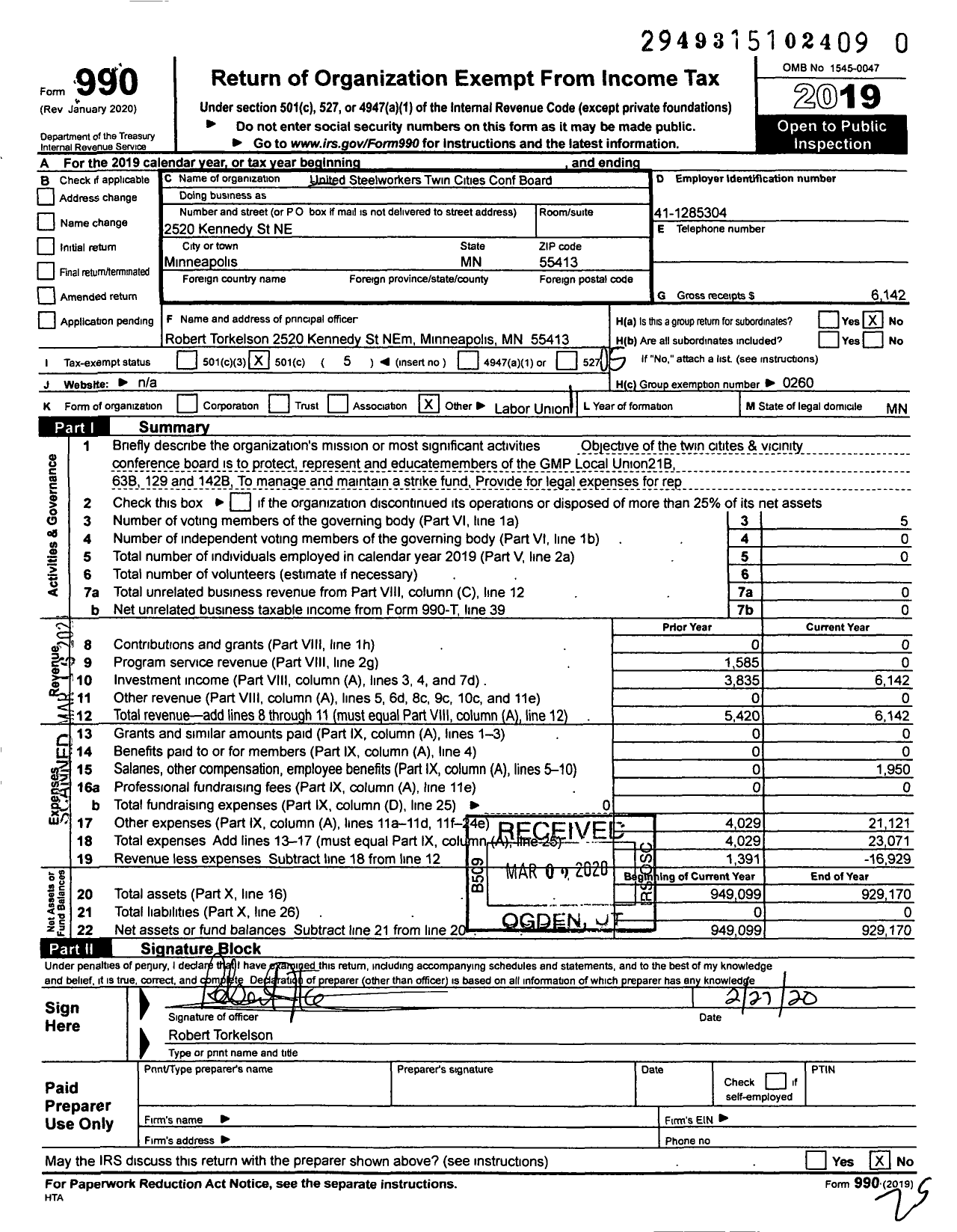 Image of first page of 2019 Form 990O for United Steelworkers - Twin Cities & Vicinity Conference