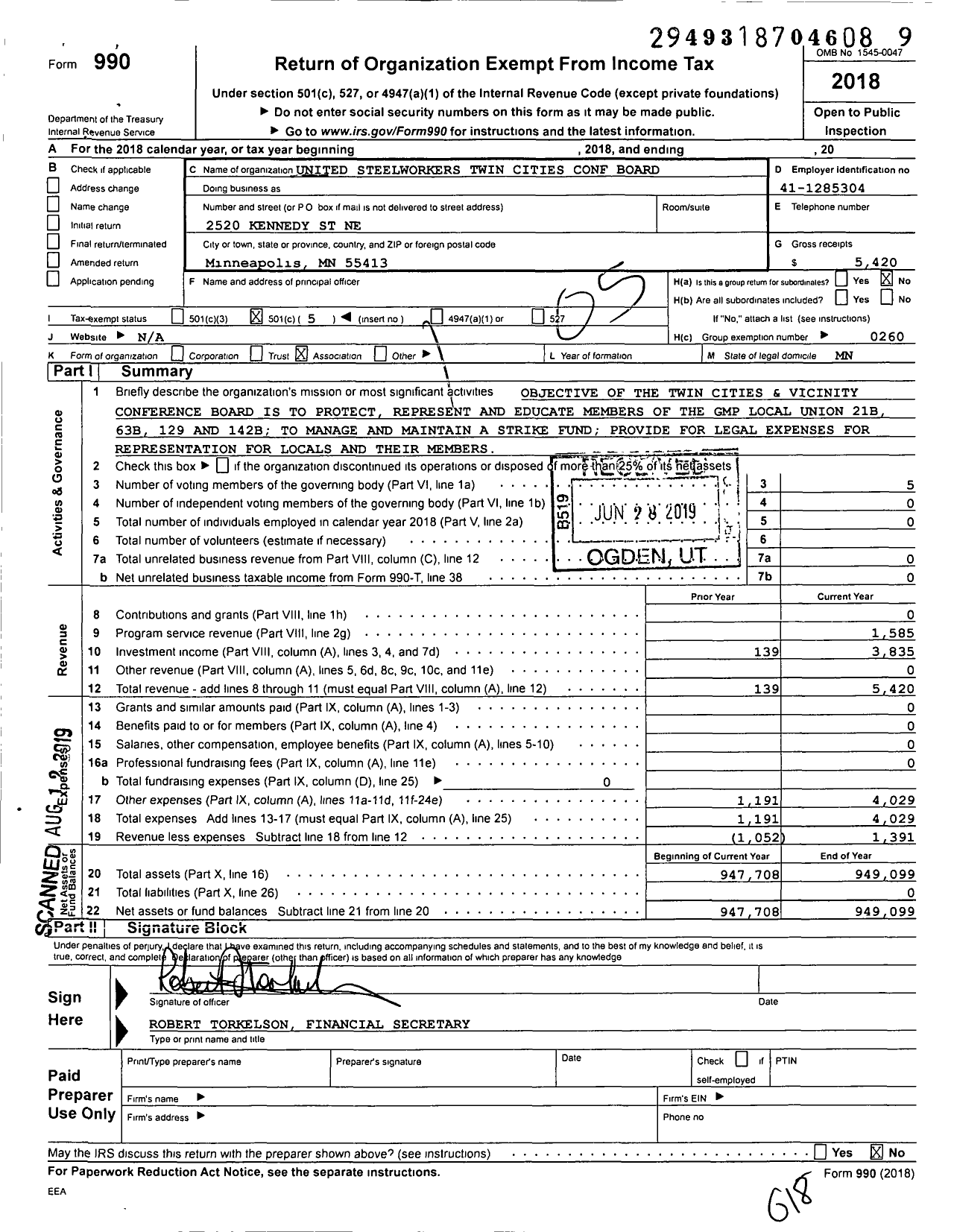 Image of first page of 2018 Form 990O for United Steelworkers - Twin Cities & Vicinity Conference