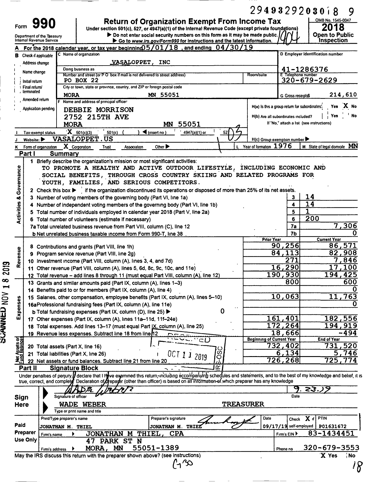 Image of first page of 2018 Form 990 for Vasaloppet