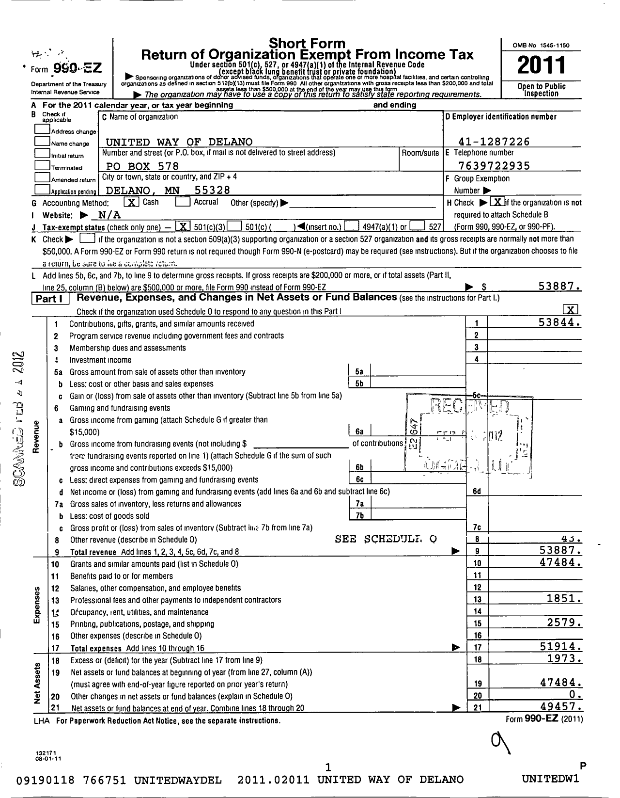 Image of first page of 2011 Form 990EZ for Delano Loretto Area United Way