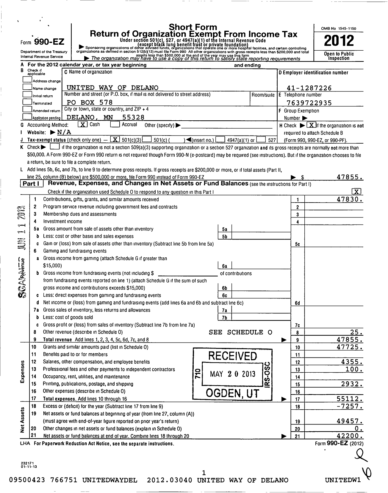 Image of first page of 2012 Form 990EZ for Delano Loretto Area United Way