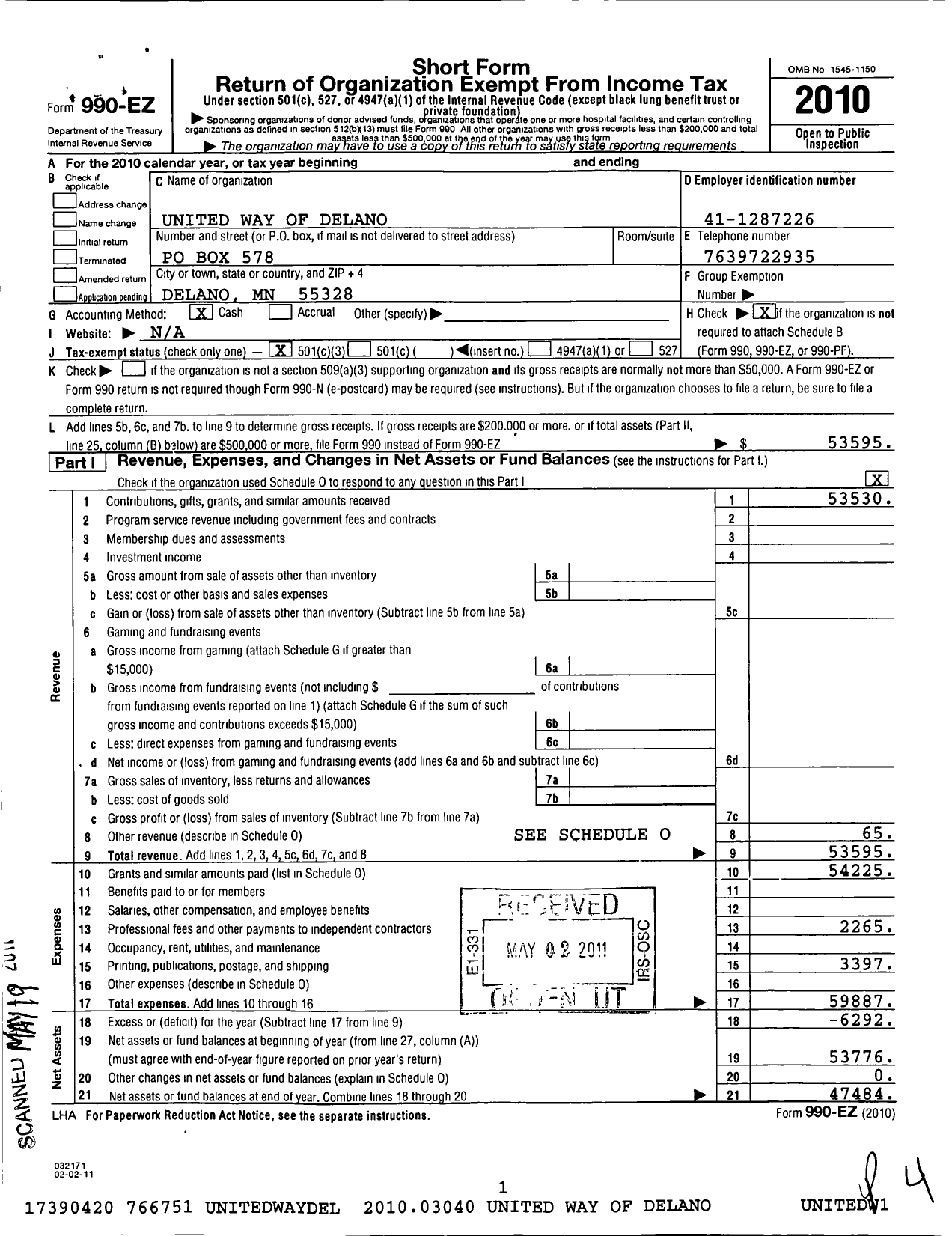 Image of first page of 2010 Form 990EZ for Delano Loretto Area United Way