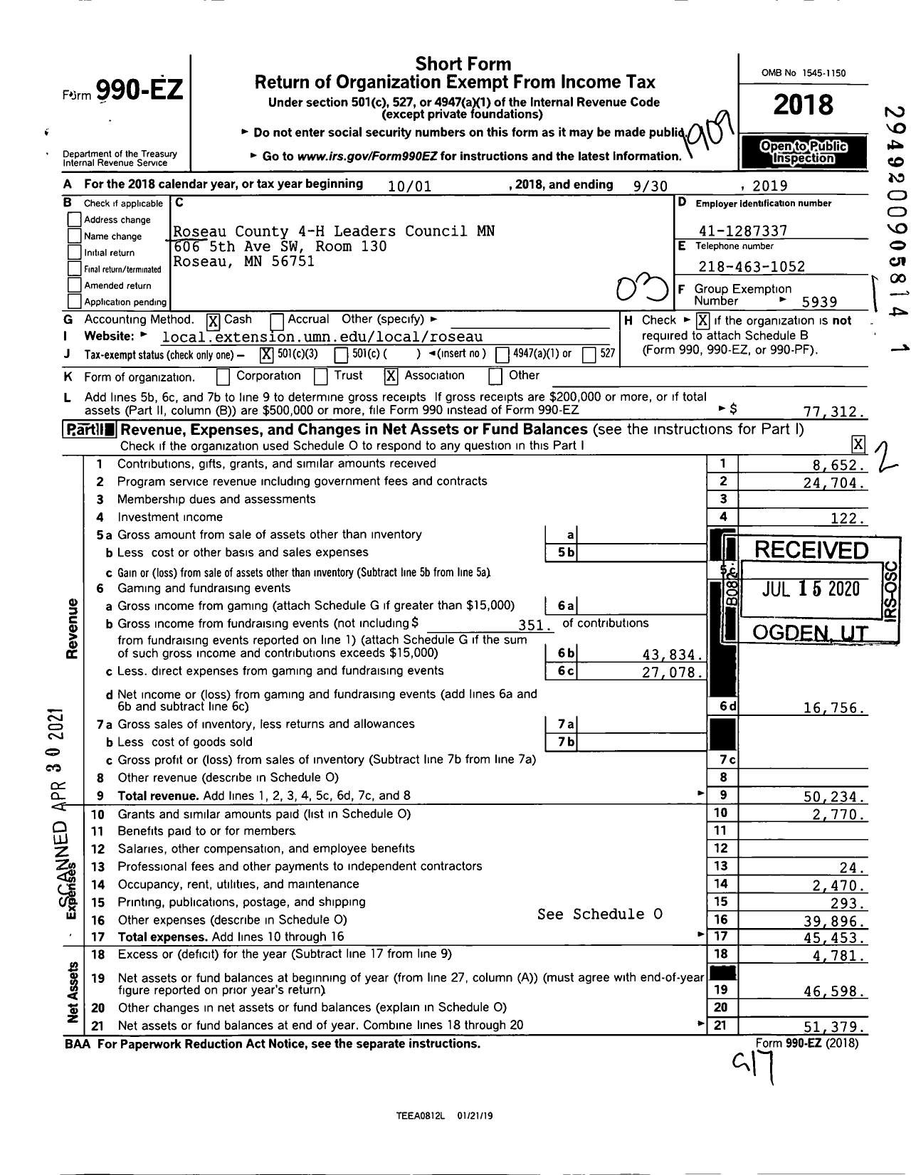 Image of first page of 2018 Form 990EZ for Roseau County 4-H Leaders Council MN