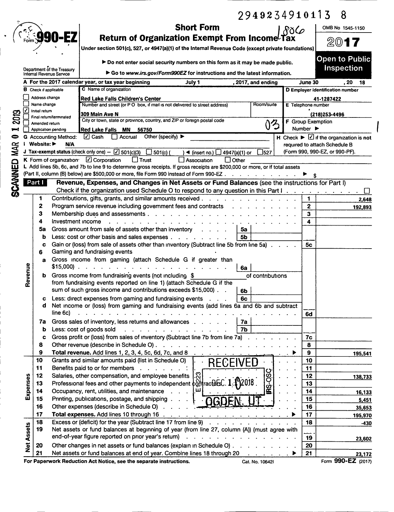 Image of first page of 2017 Form 990EZ for Red Lake Falls Childrens Center