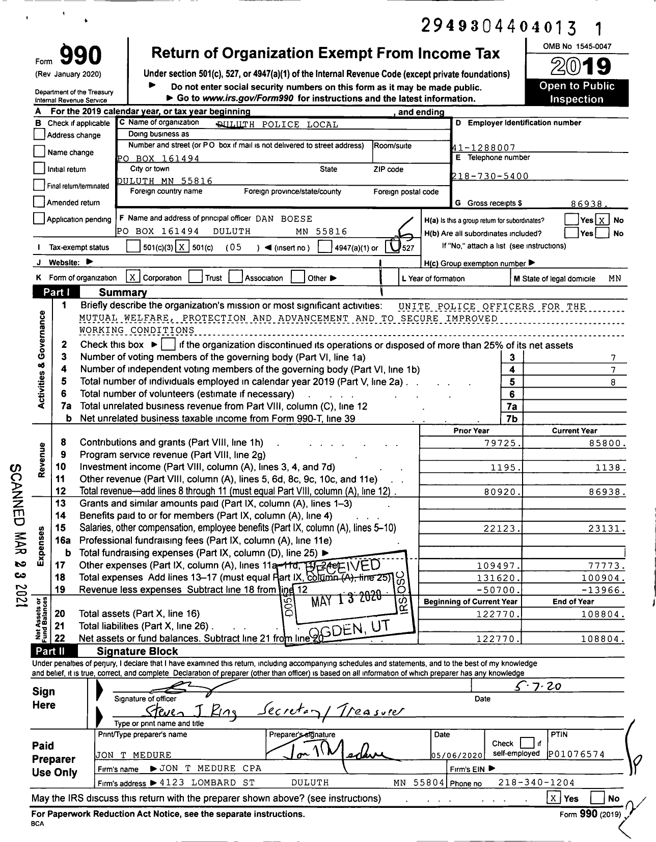 Image of first page of 2019 Form 990O for Duluth Police Local