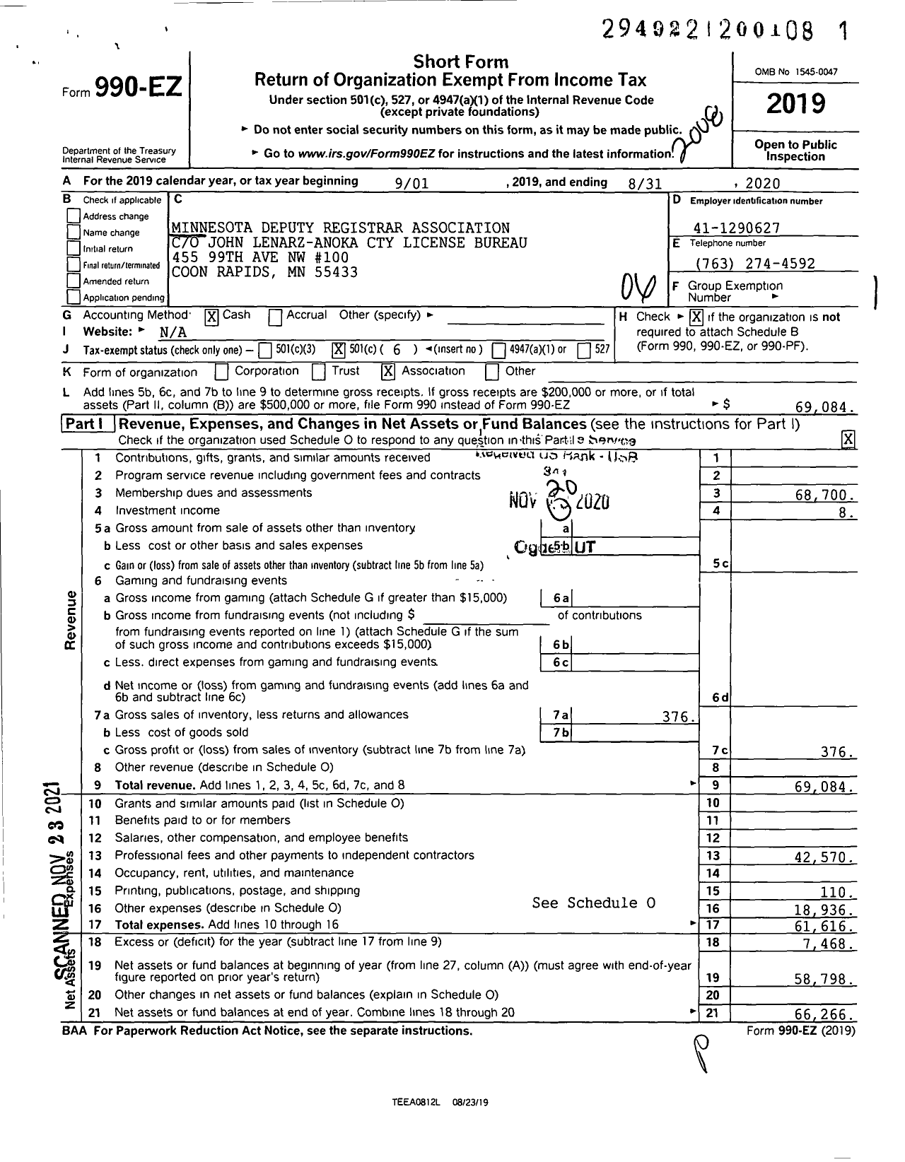 Image of first page of 2019 Form 990EO for Minnesota Deputy Registrar Association