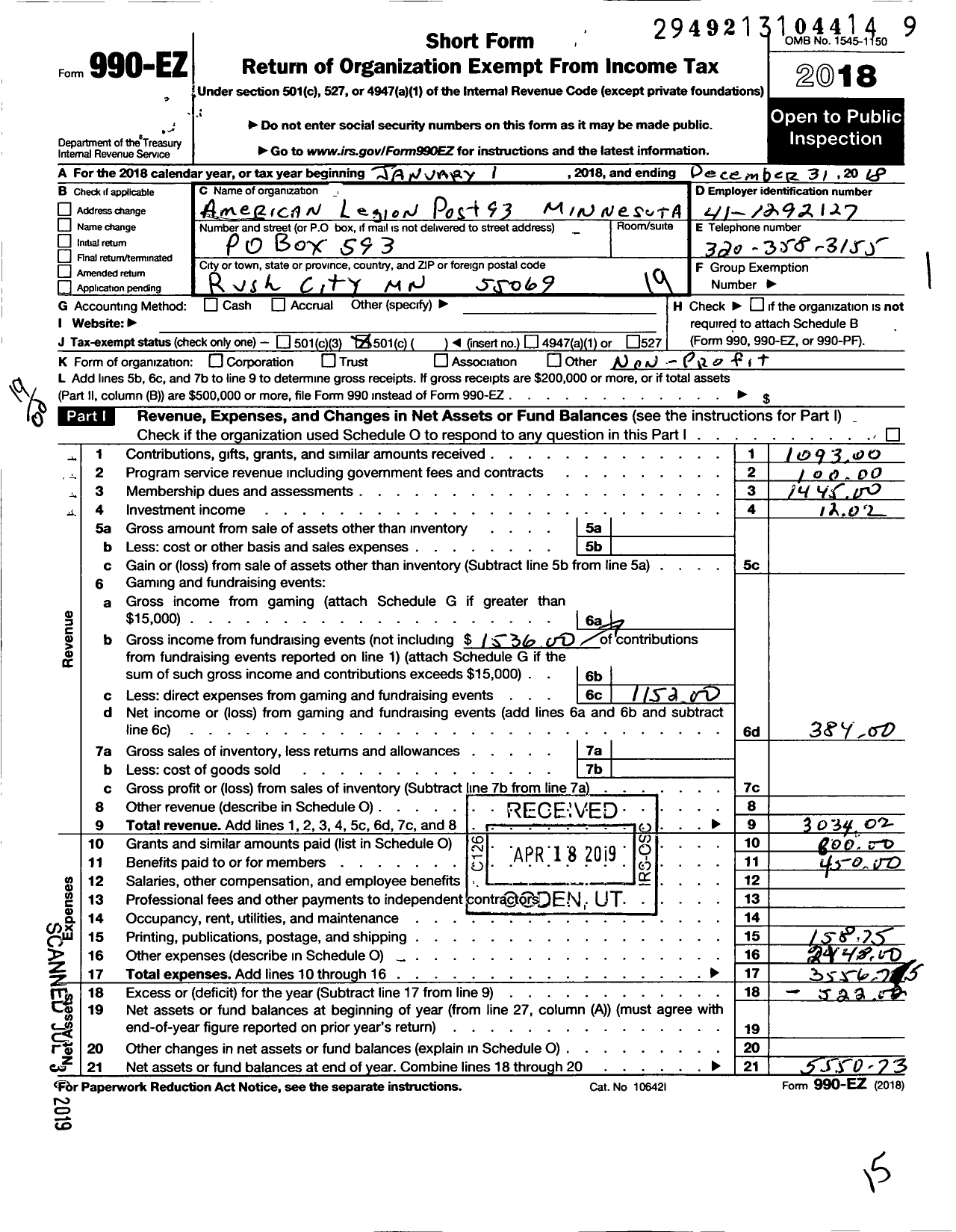 Image of first page of 2018 Form 990EO for American Legion - 93 Post Minnesota