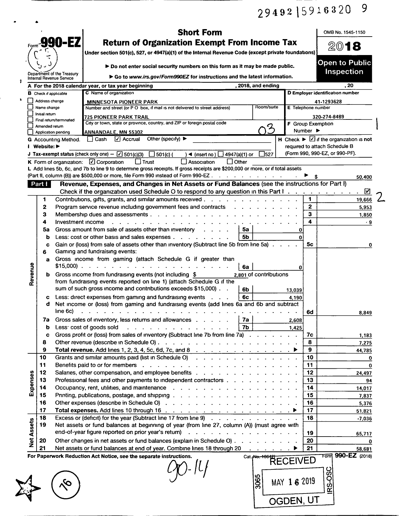 Image of first page of 2018 Form 990EZ for Minnesota Pioneer Park