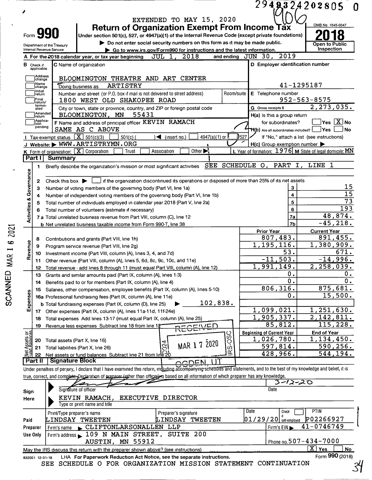 Image of first page of 2018 Form 990 for Artistry