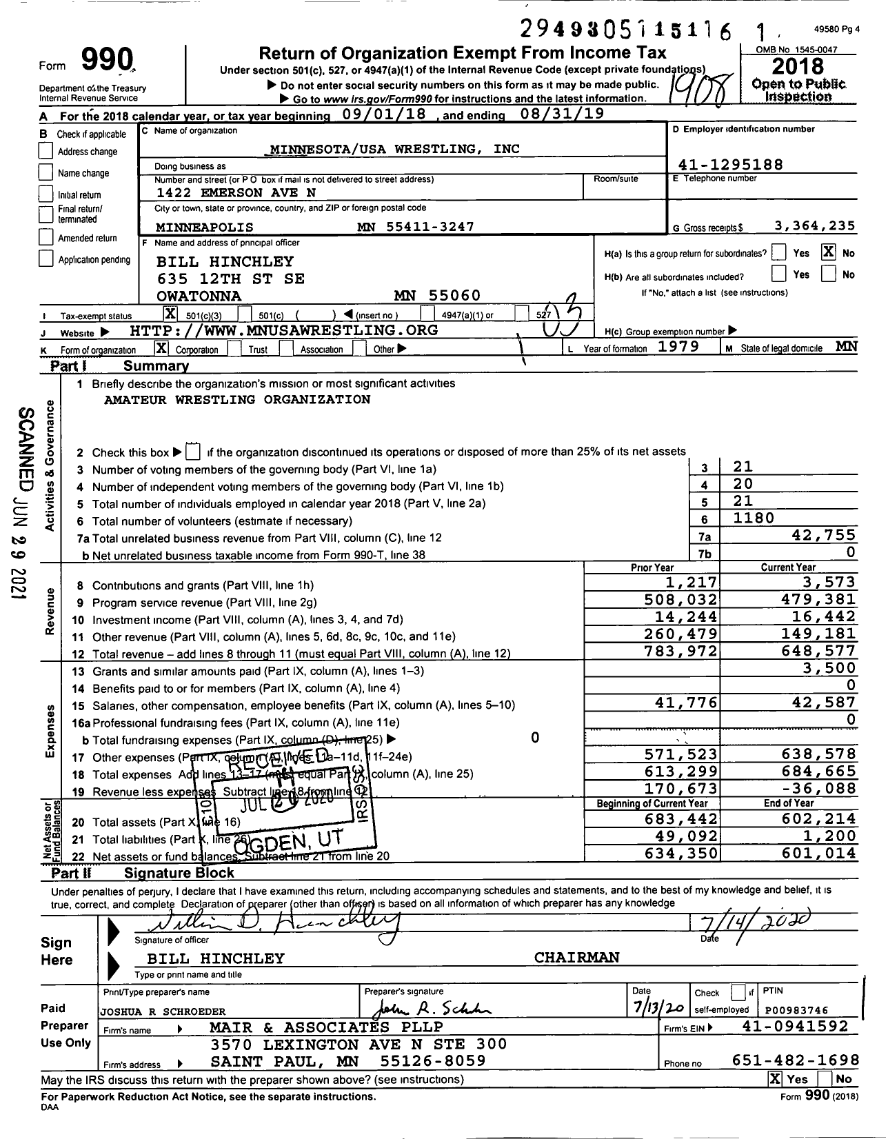 Image of first page of 2018 Form 990 for Minnesotausa Wrestling