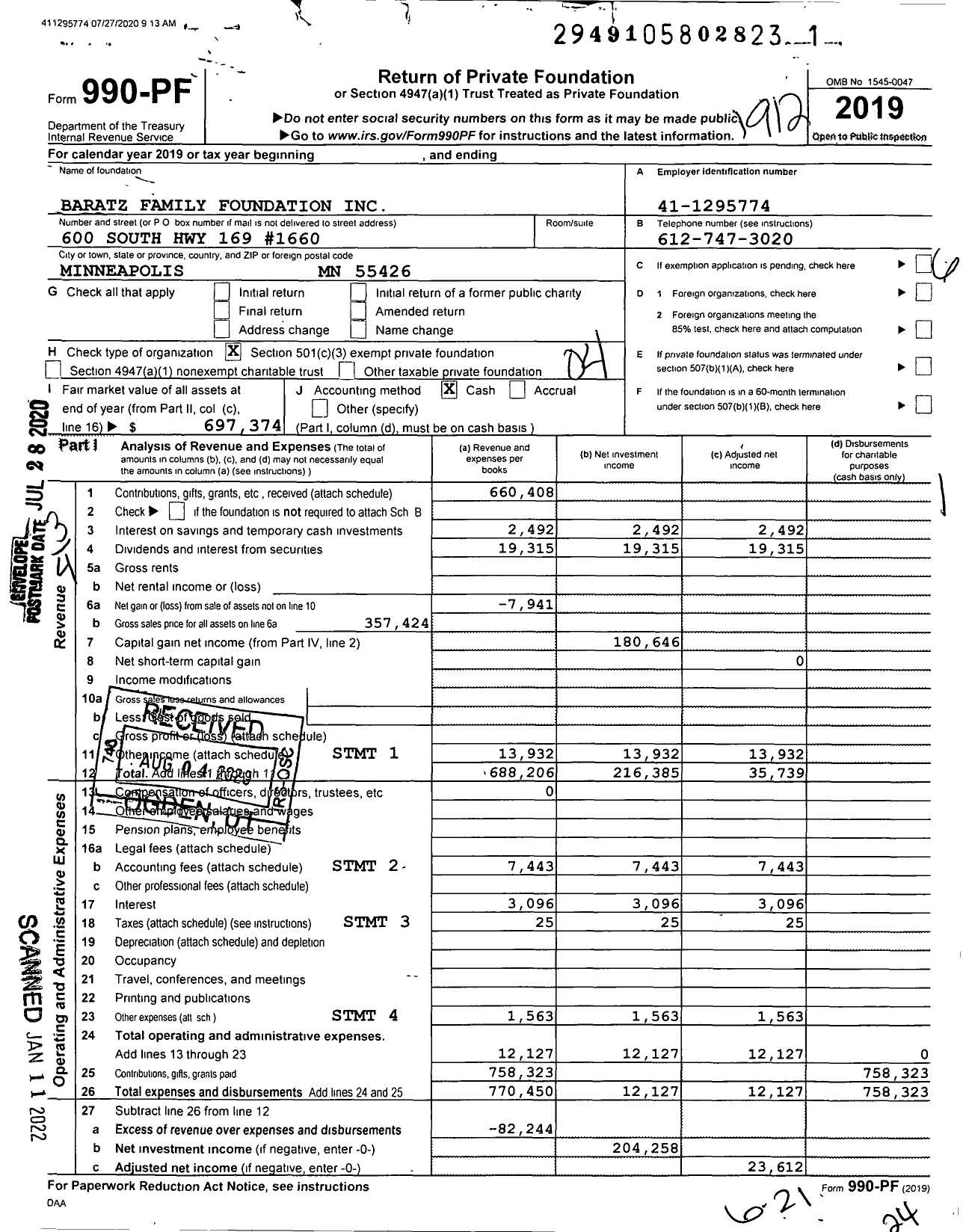 Image of first page of 2019 Form 990PF for Baratz Family Foundation