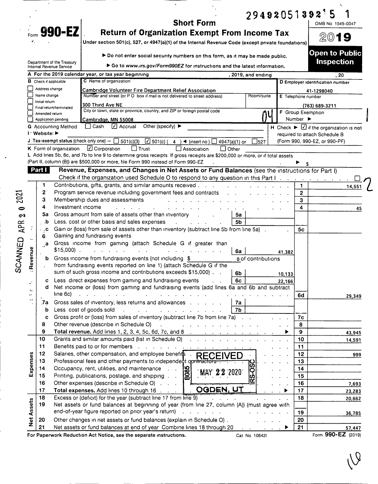 Image of first page of 2019 Form 990EO for Cambridge Fire Department Relief Association