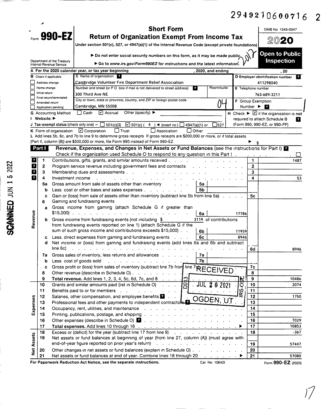 Image of first page of 2020 Form 990EO for Cambridge Fire Department Relief Association