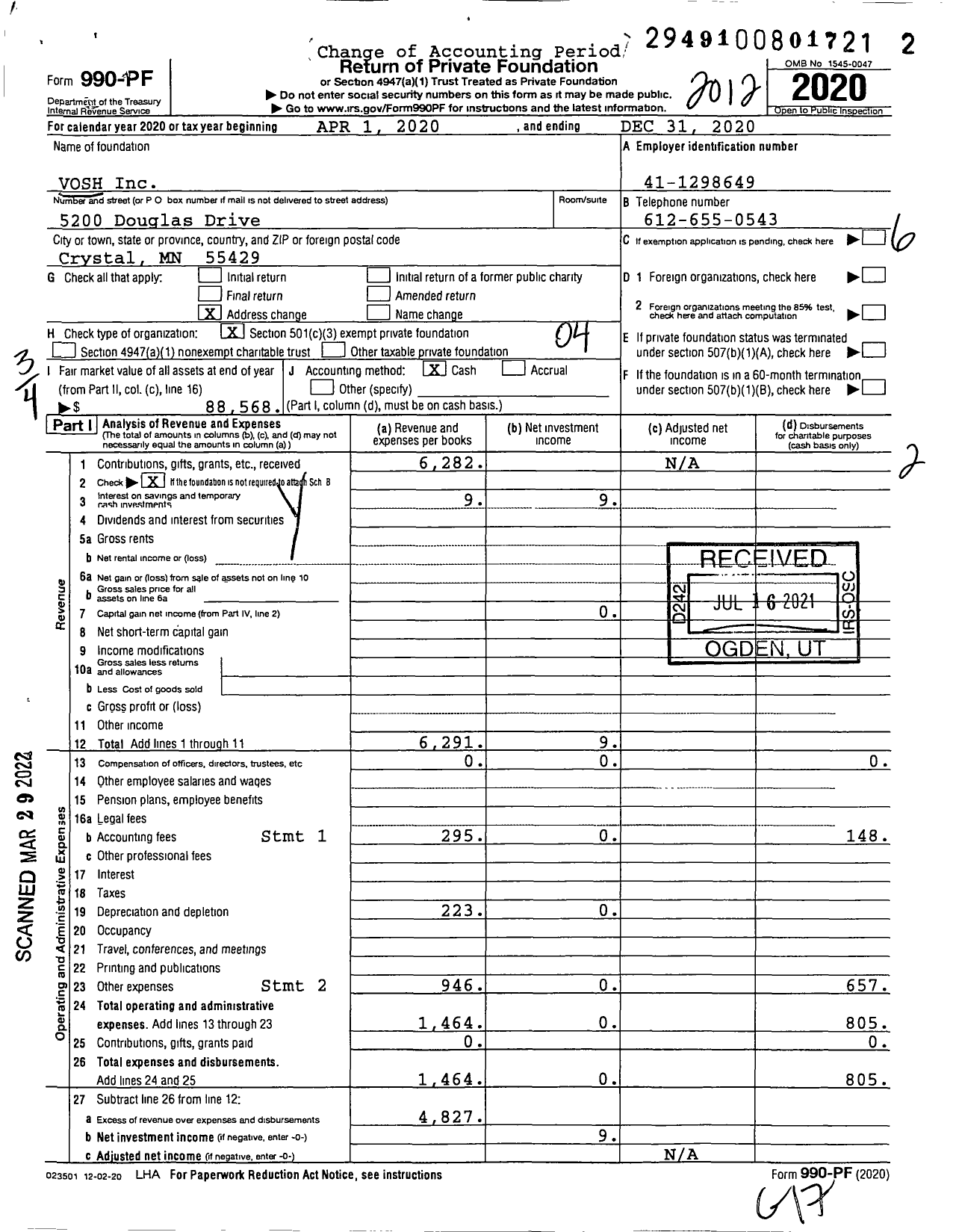 Image of first page of 2020 Form 990PF for Vosh (Vosh-Minn)