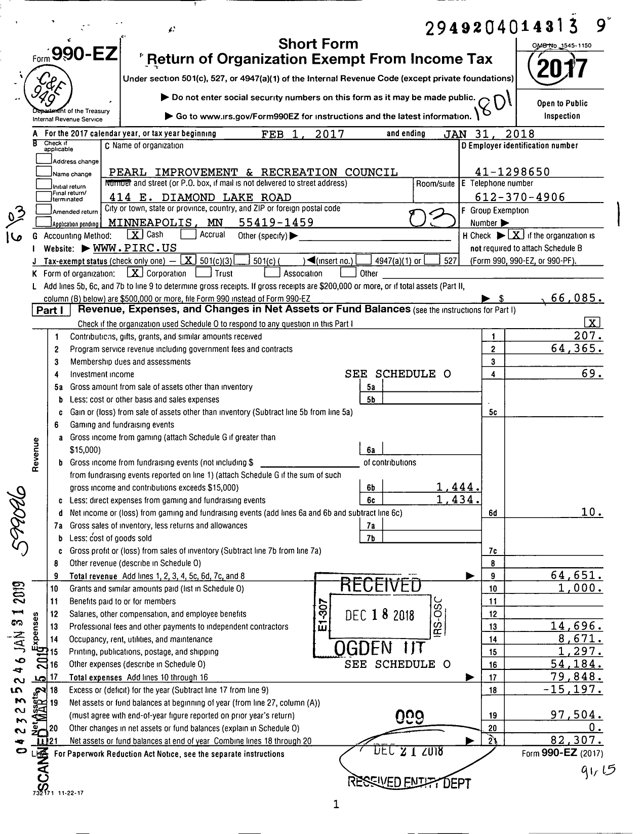 Image of first page of 2017 Form 990EZ for Pearl Improvement and Recreation Council (PIRC)