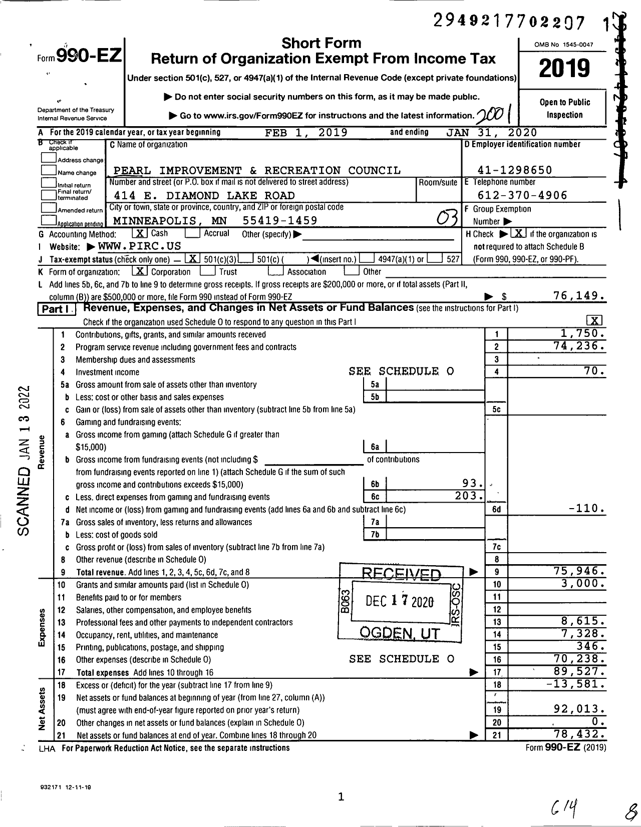 Image of first page of 2019 Form 990EZ for Pearl Improvement and Recreation Council (PIRC)