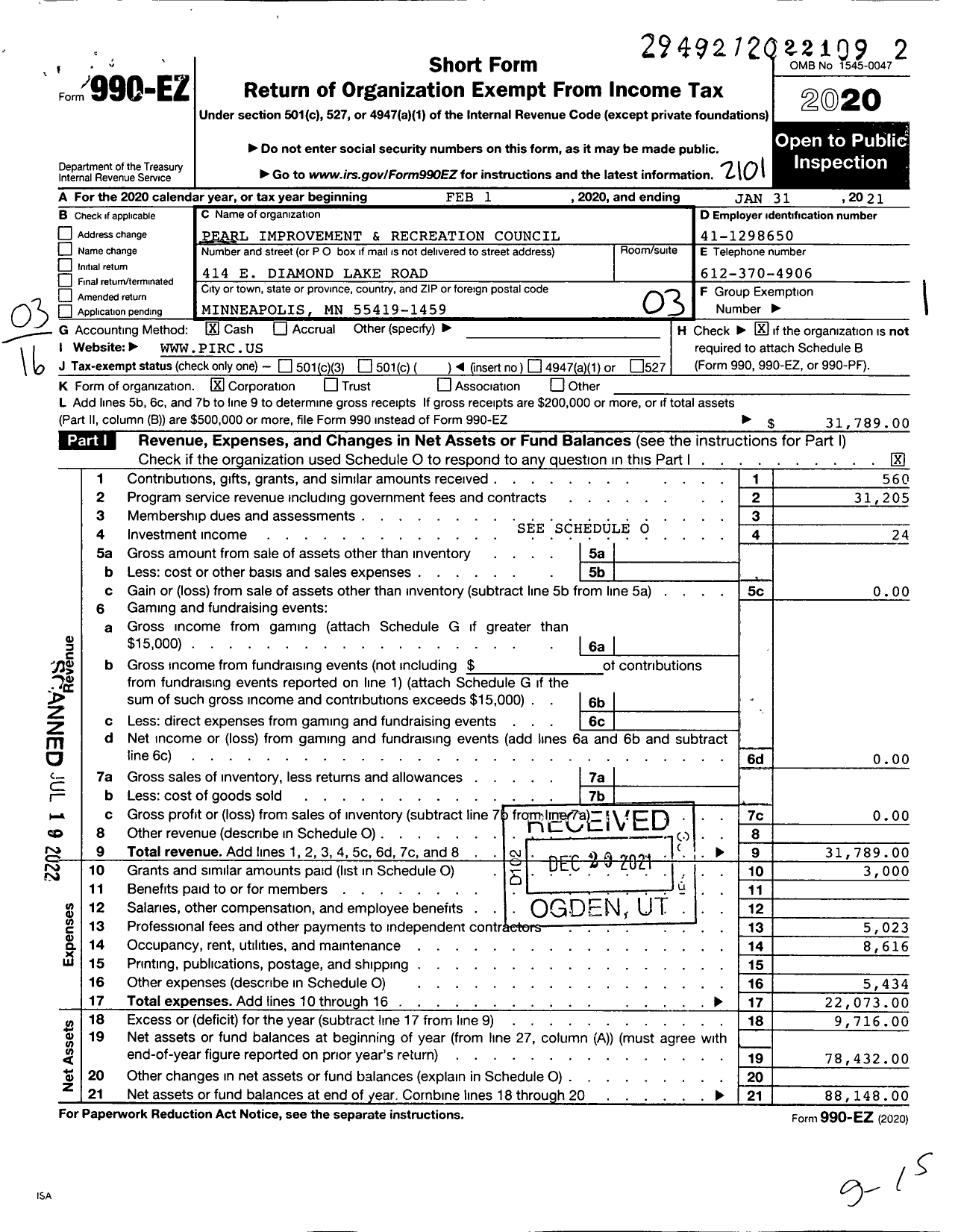 Image of first page of 2020 Form 990EZ for Pearl Improvement and Recreation Council (PIRC)