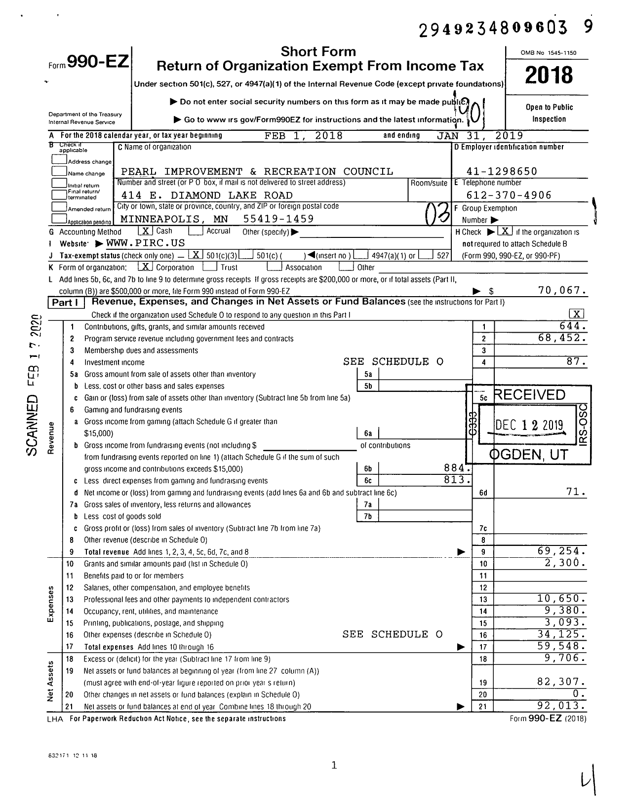 Image of first page of 2018 Form 990EZ for Pearl Improvement and Recreation Council (PIRC)