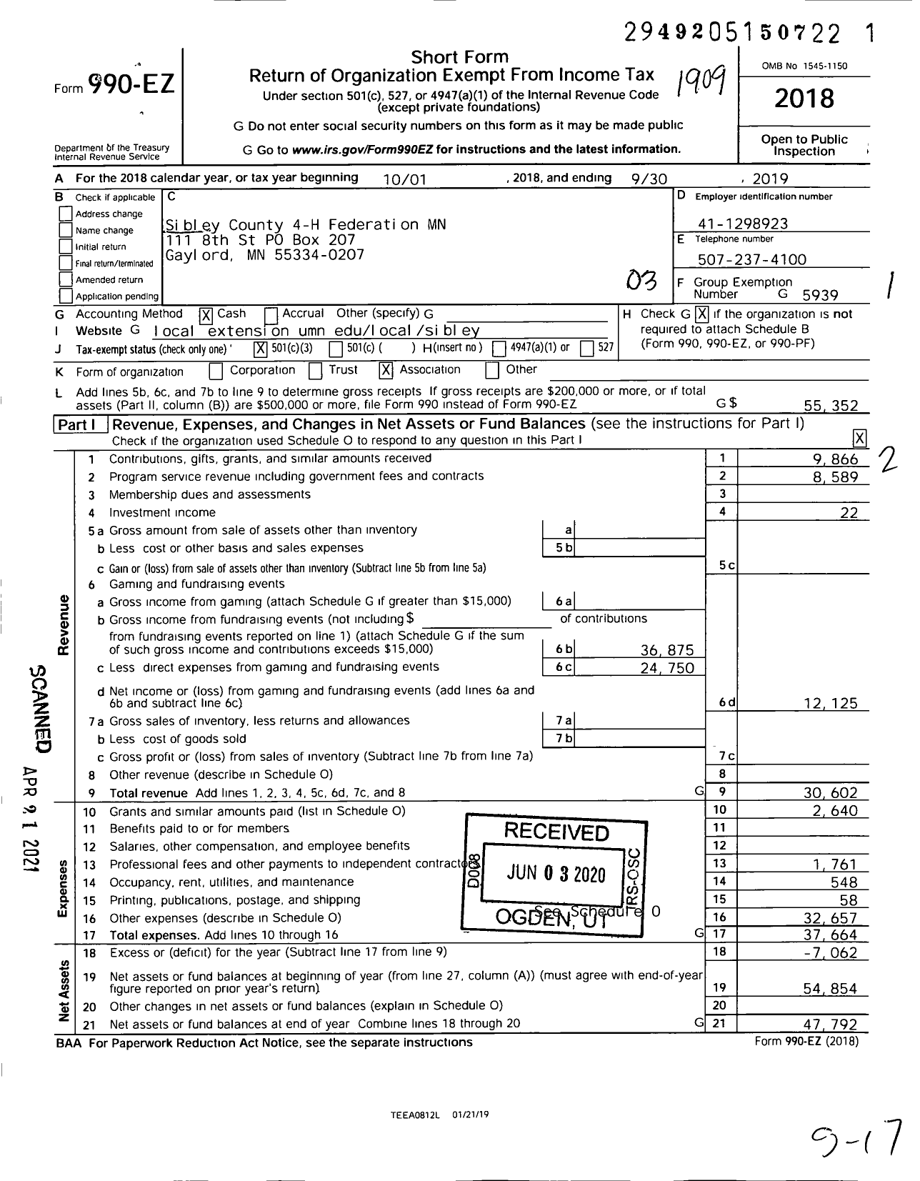 Image of first page of 2018 Form 990EZ for Sibley County 4-H Federation MN