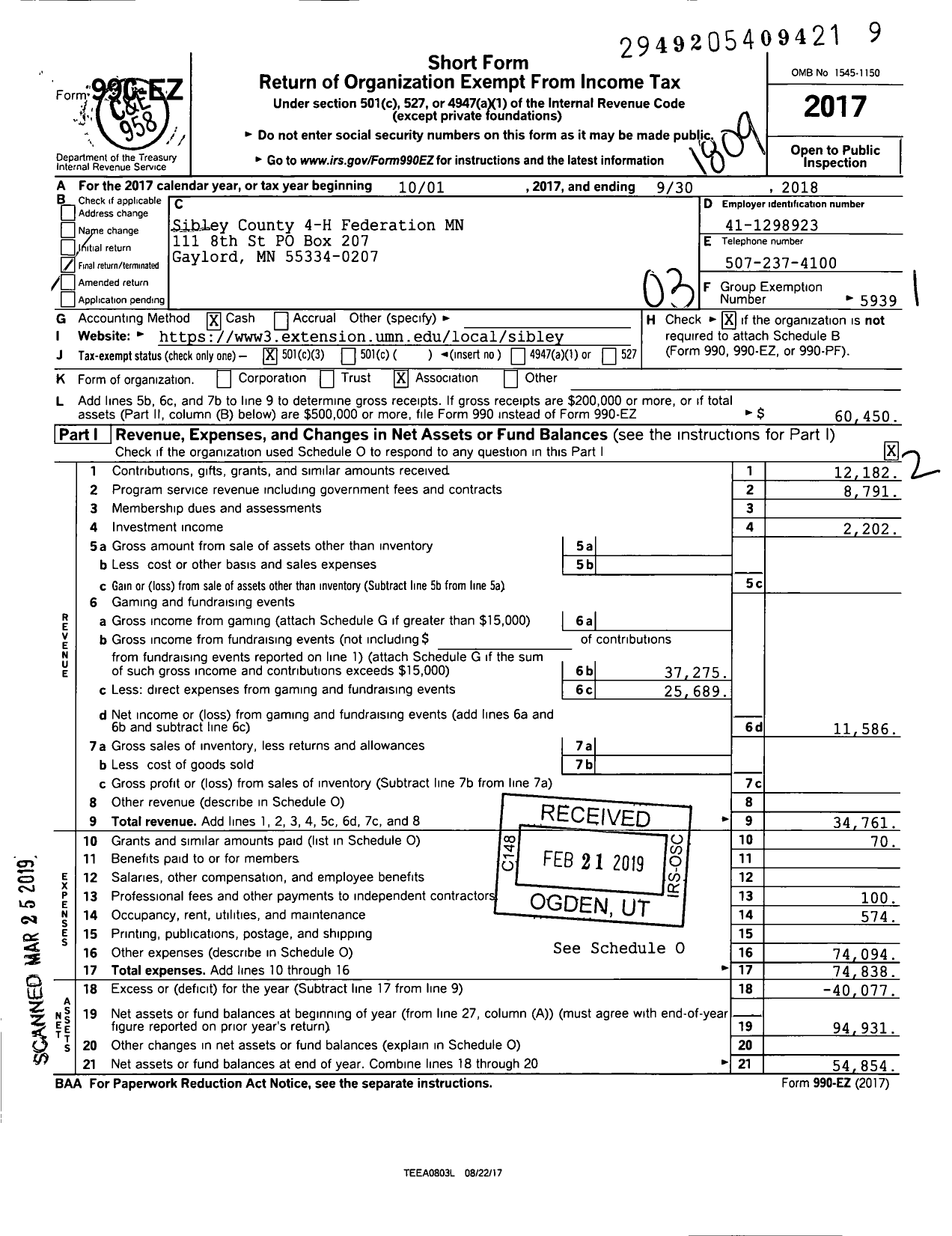 Image of first page of 2017 Form 990EZ for Sibley County 4-H Federation MN