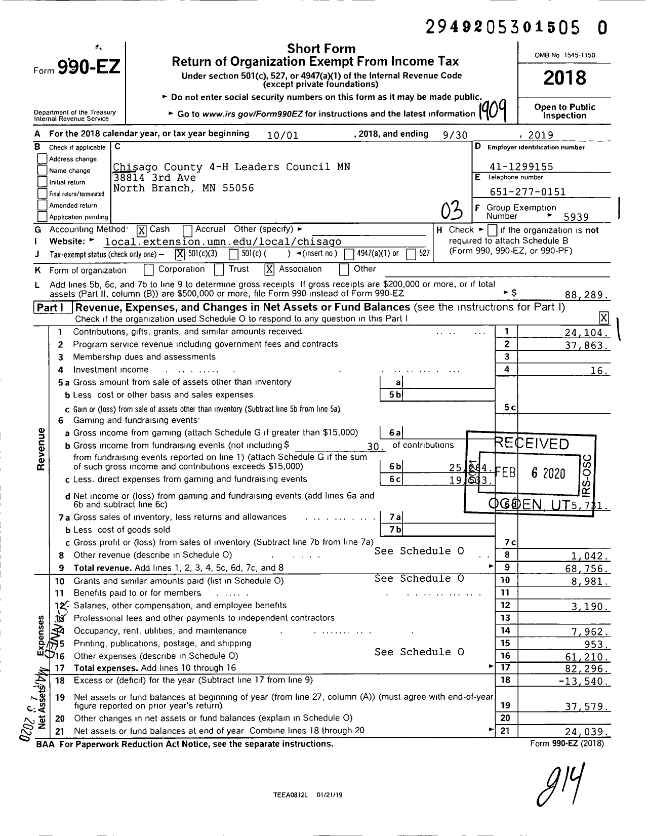 Image of first page of 2018 Form 990EZ for Chisago County 4-H Leaders Council MN