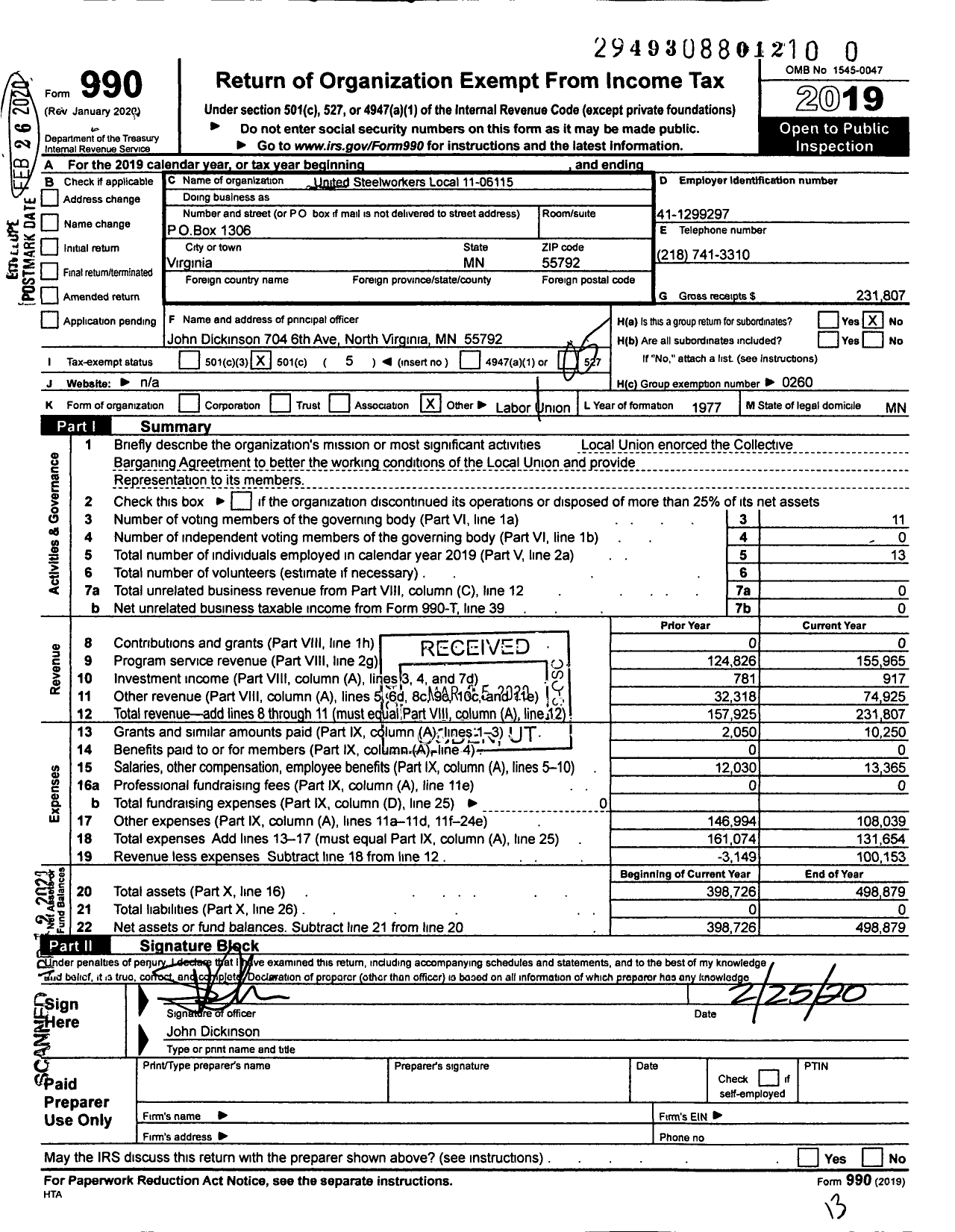 Image of first page of 2019 Form 990O for United Steelworkers - Local Union 06115