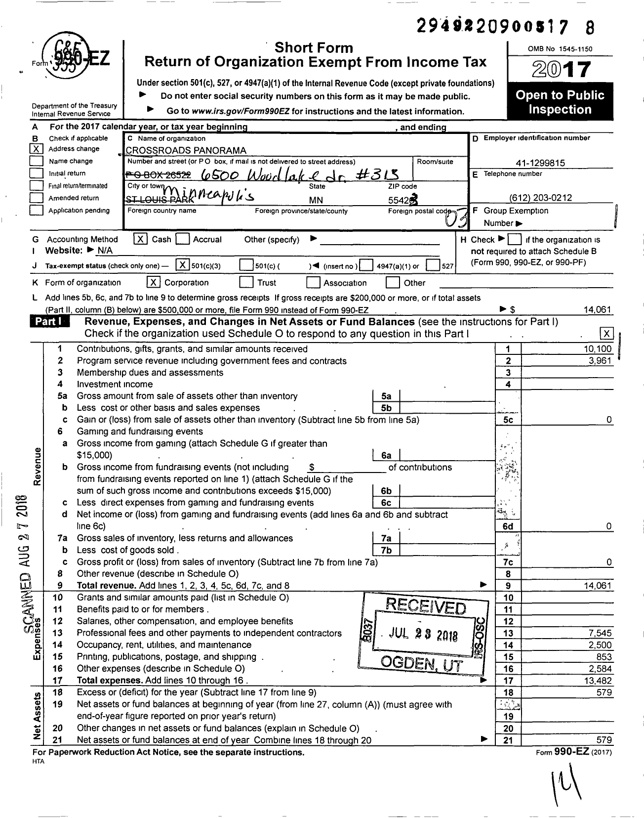 Image of first page of 2017 Form 990EZ for Crossroads Panorama