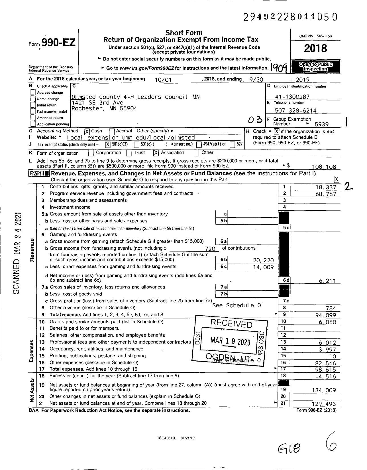 Image of first page of 2018 Form 990EZ for Olmsted County 4-H Leaders Council MN