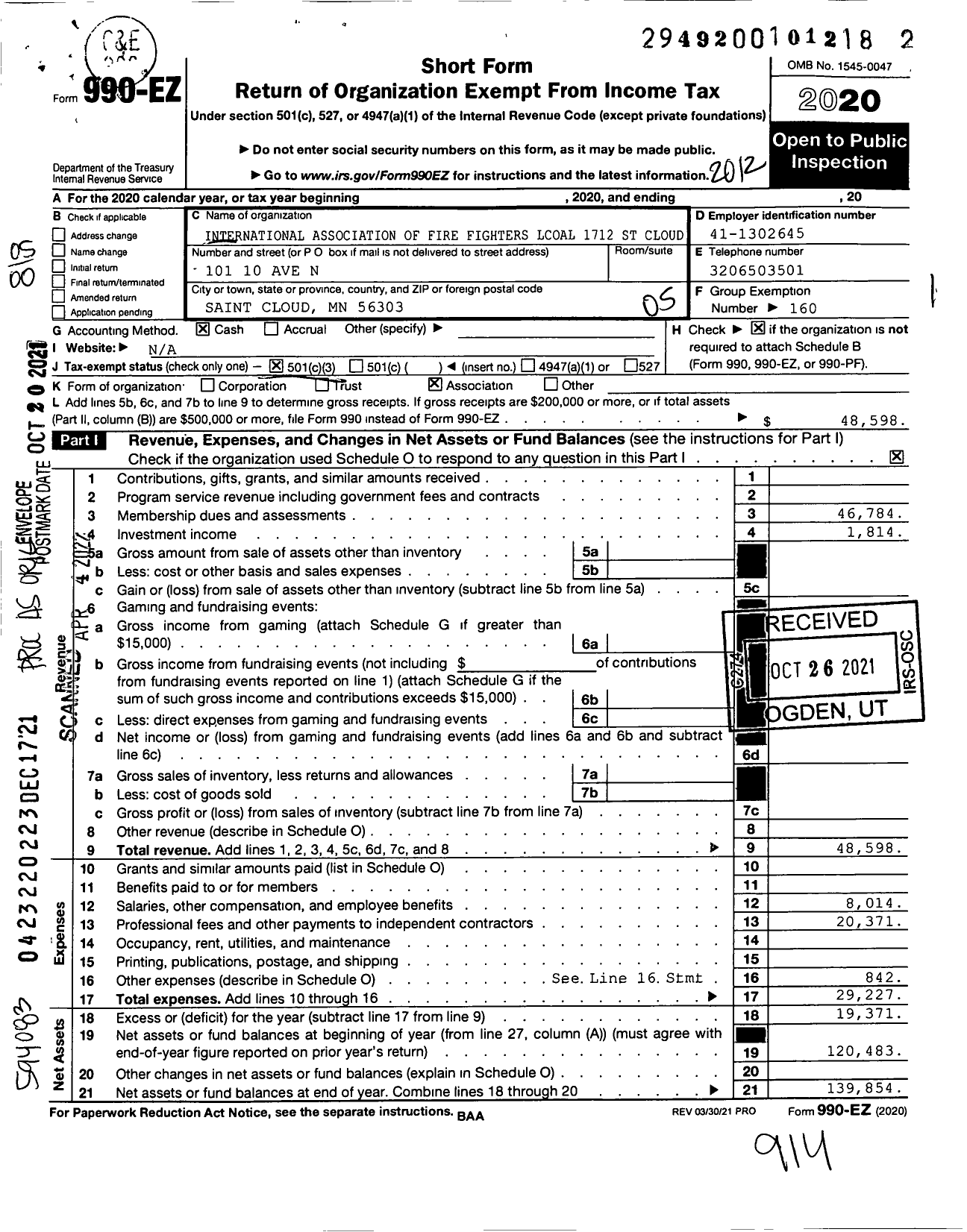 Image of first page of 2020 Form 990EO for International Association of Fire Fighters - St Cloud Fire Fighters Assoc 464