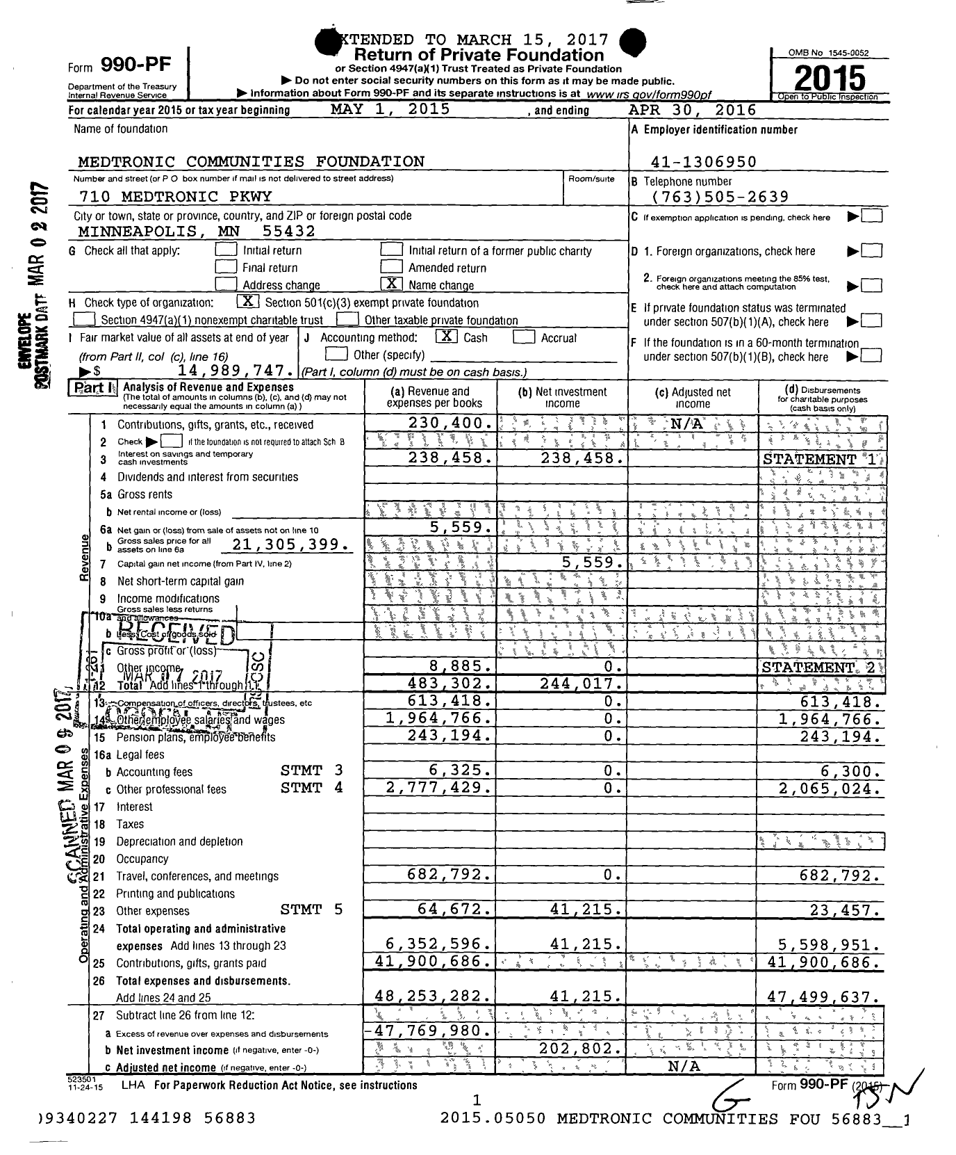 Image of first page of 2015 Form 990PF for Medtronic Foundation