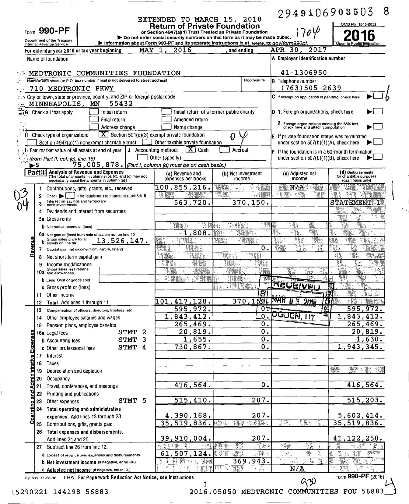 Image of first page of 2016 Form 990PF for Medtronic Foundation