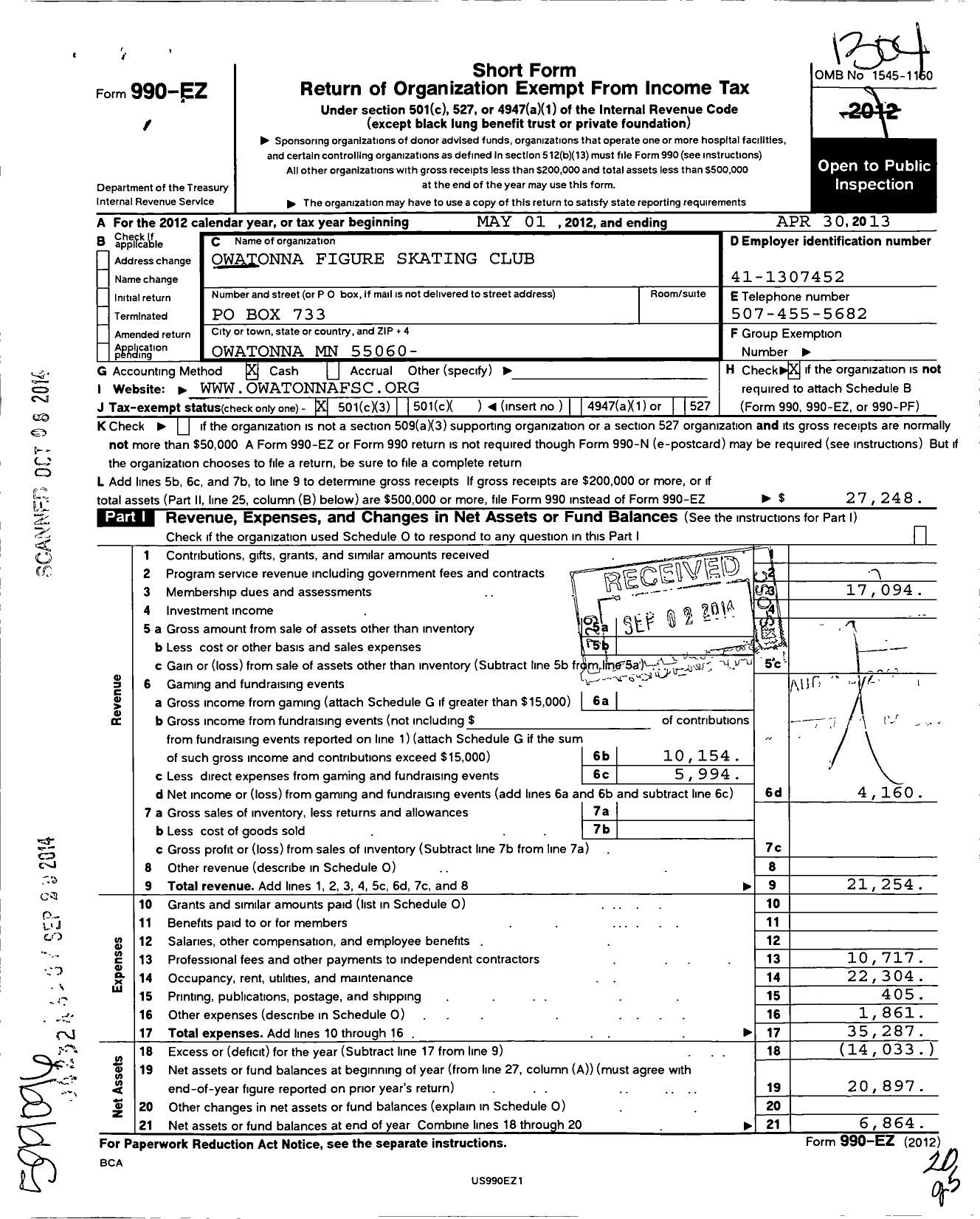 Image of first page of 2012 Form 990EZ for Owatonna Figure Skating Club