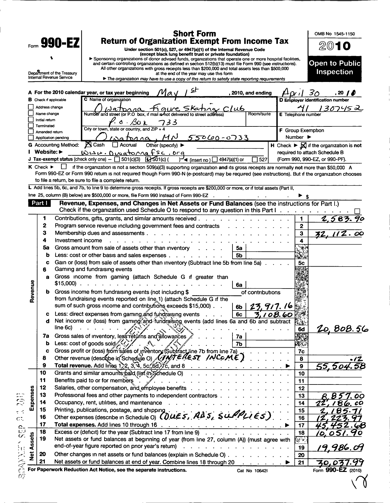 Image of first page of 2009 Form 990EO for Owatonna Figure Skating Club