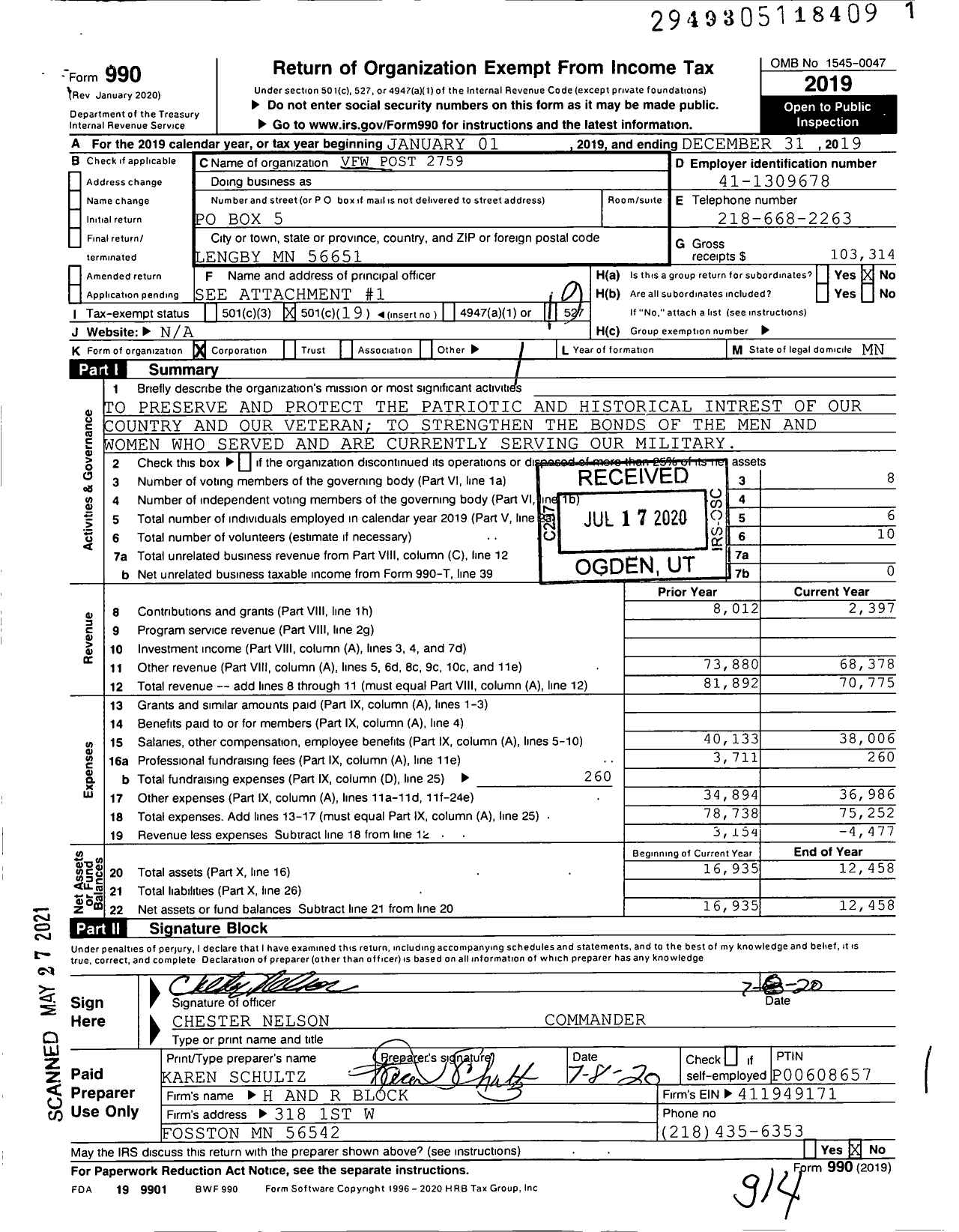 Image of first page of 2019 Form 990O for MN VFW - 2759vfw-mn