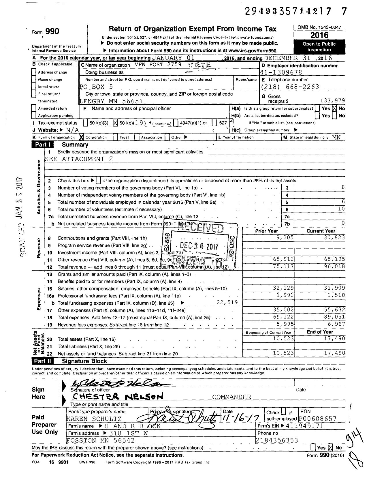 Image of first page of 2016 Form 990O for MN VFW - 2759vfw-mn