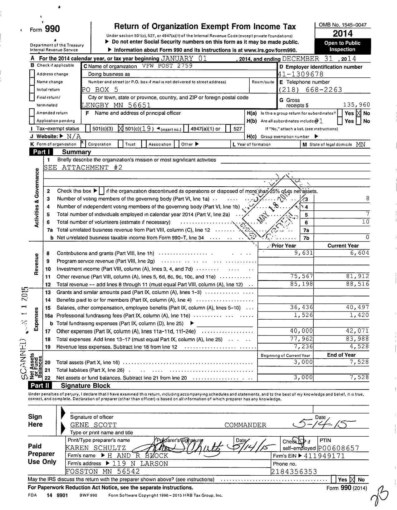 Image of first page of 2014 Form 990O for MN VFW - 2759vfw-mn