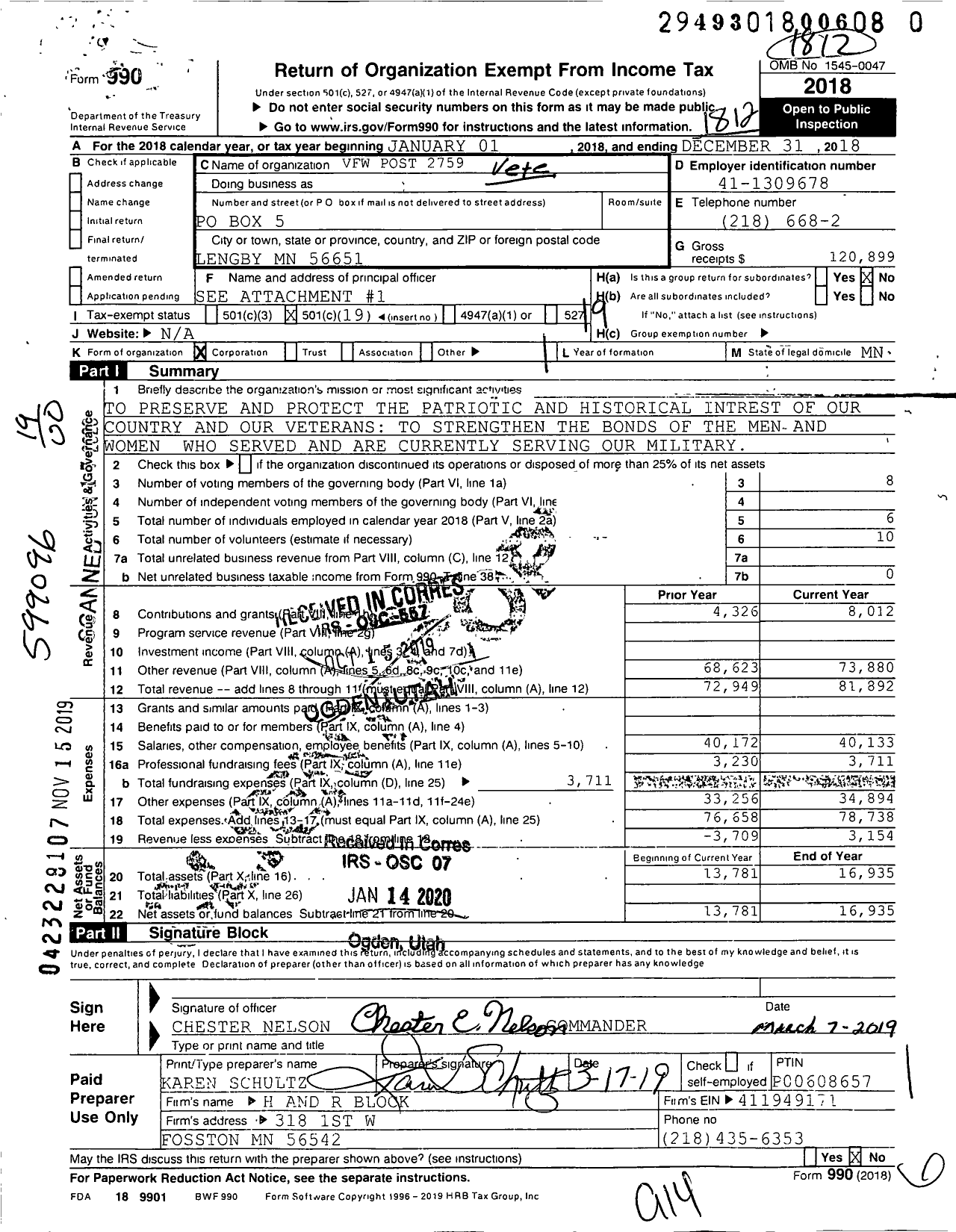 Image of first page of 2018 Form 990O for MN VFW - 2759vfw-mn