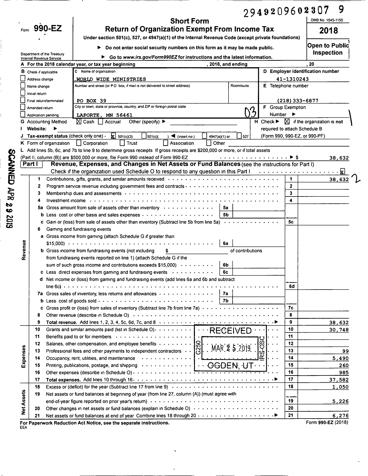 Image of first page of 2018 Form 990EZ for World Wide Ministries