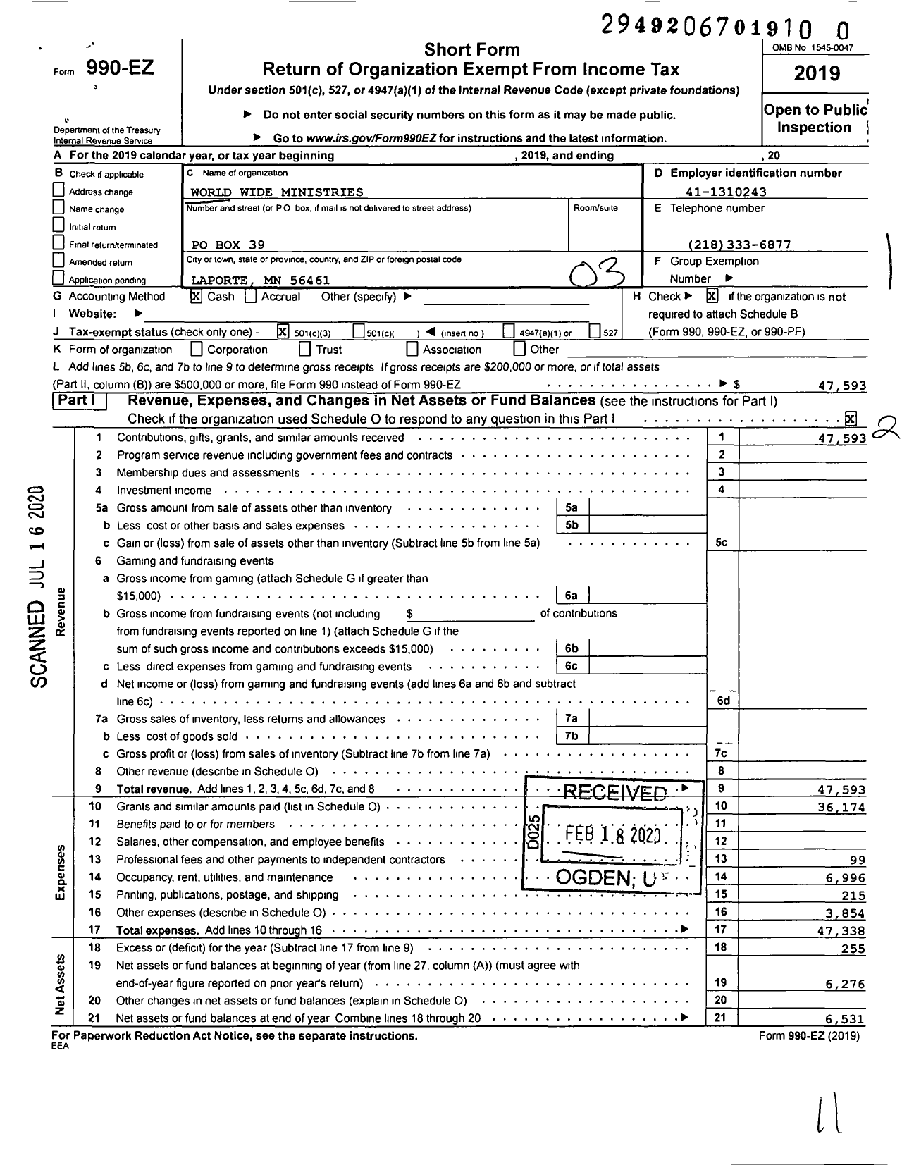 Image of first page of 2019 Form 990EZ for World Wide Ministries