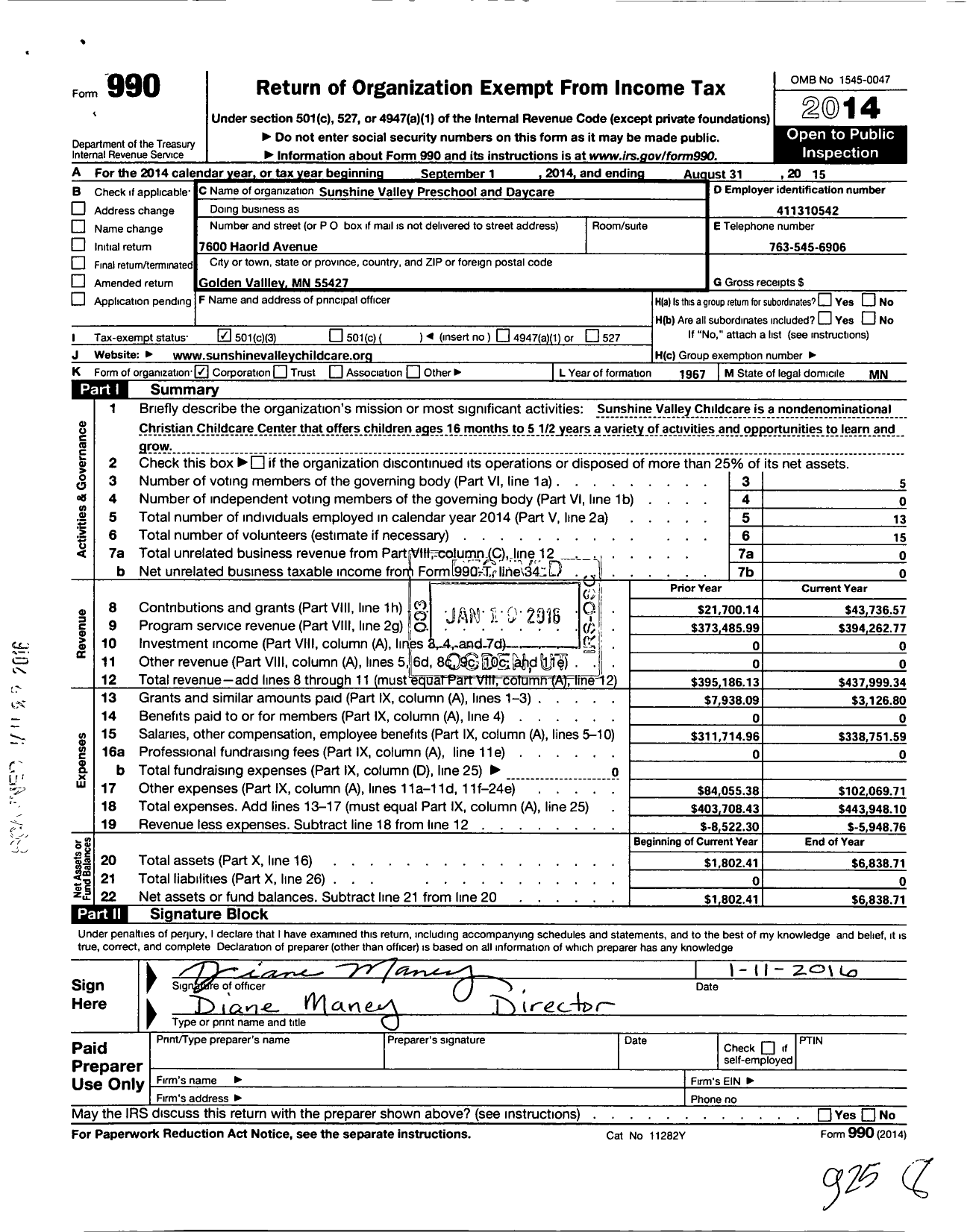 Image of first page of 2014 Form 990 for Sunshine Valley Child Care
