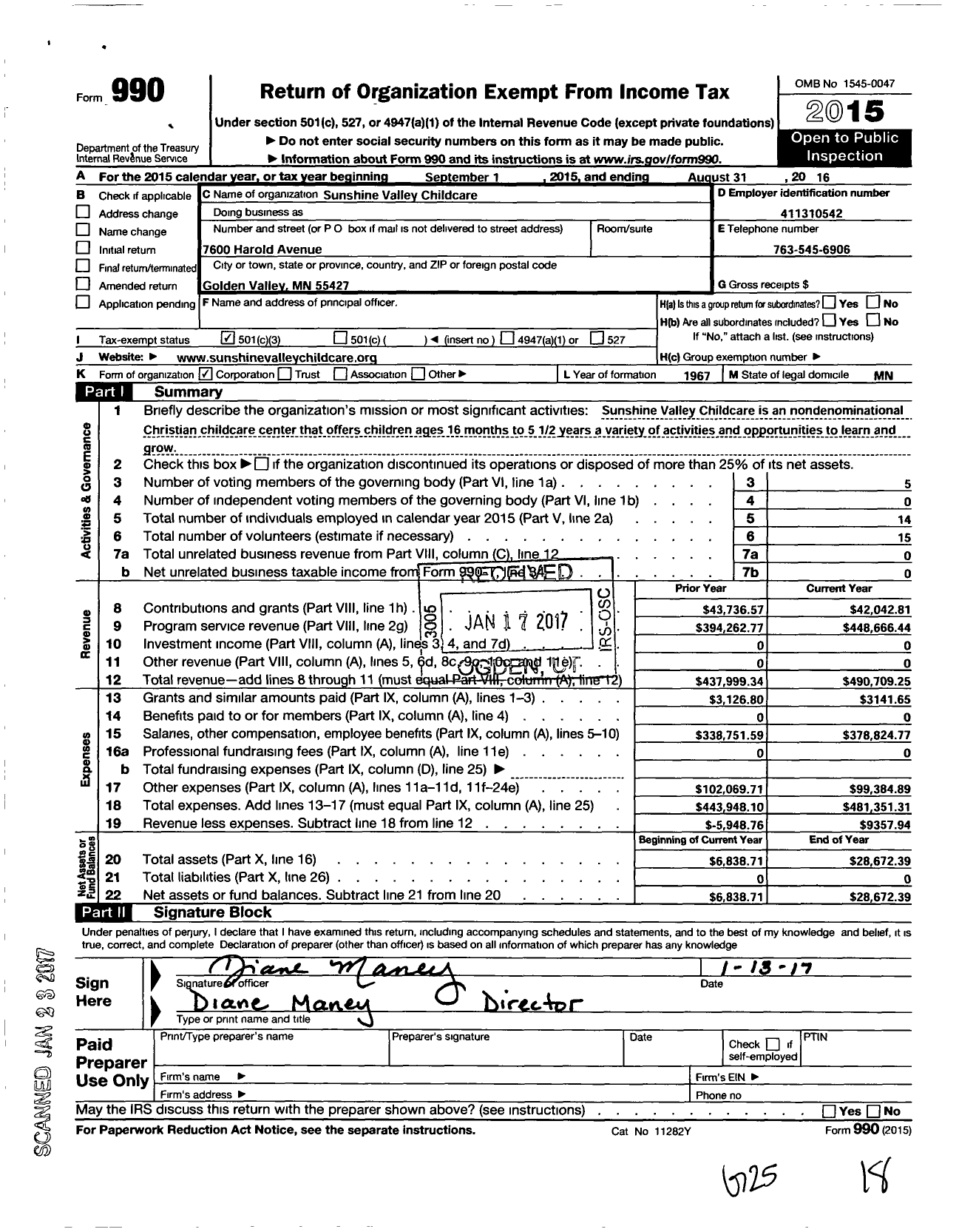 Image of first page of 2015 Form 990 for Sunshine Valley Child Care