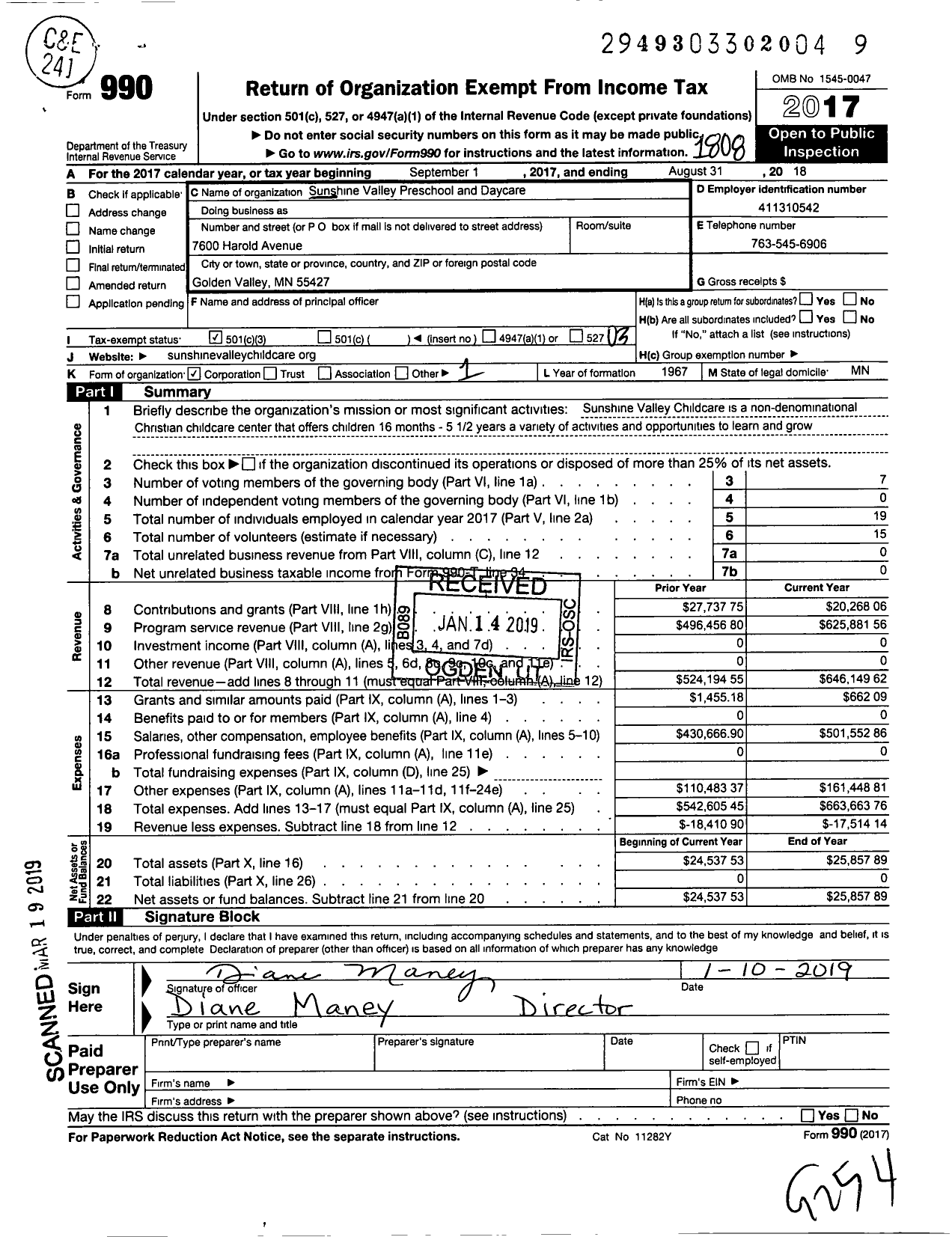 Image of first page of 2017 Form 990 for Sunshine Valley Child Care